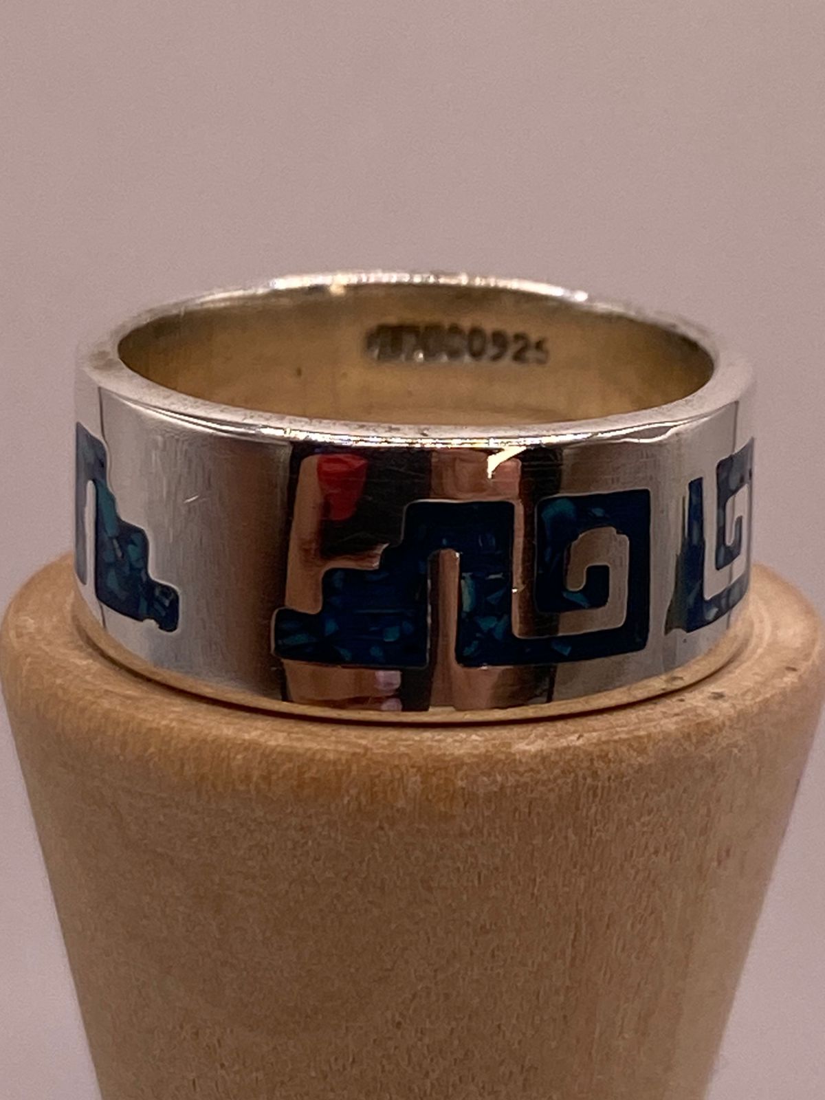 Anillo Greca Azteca de Plata .925 con Incrustación Azul