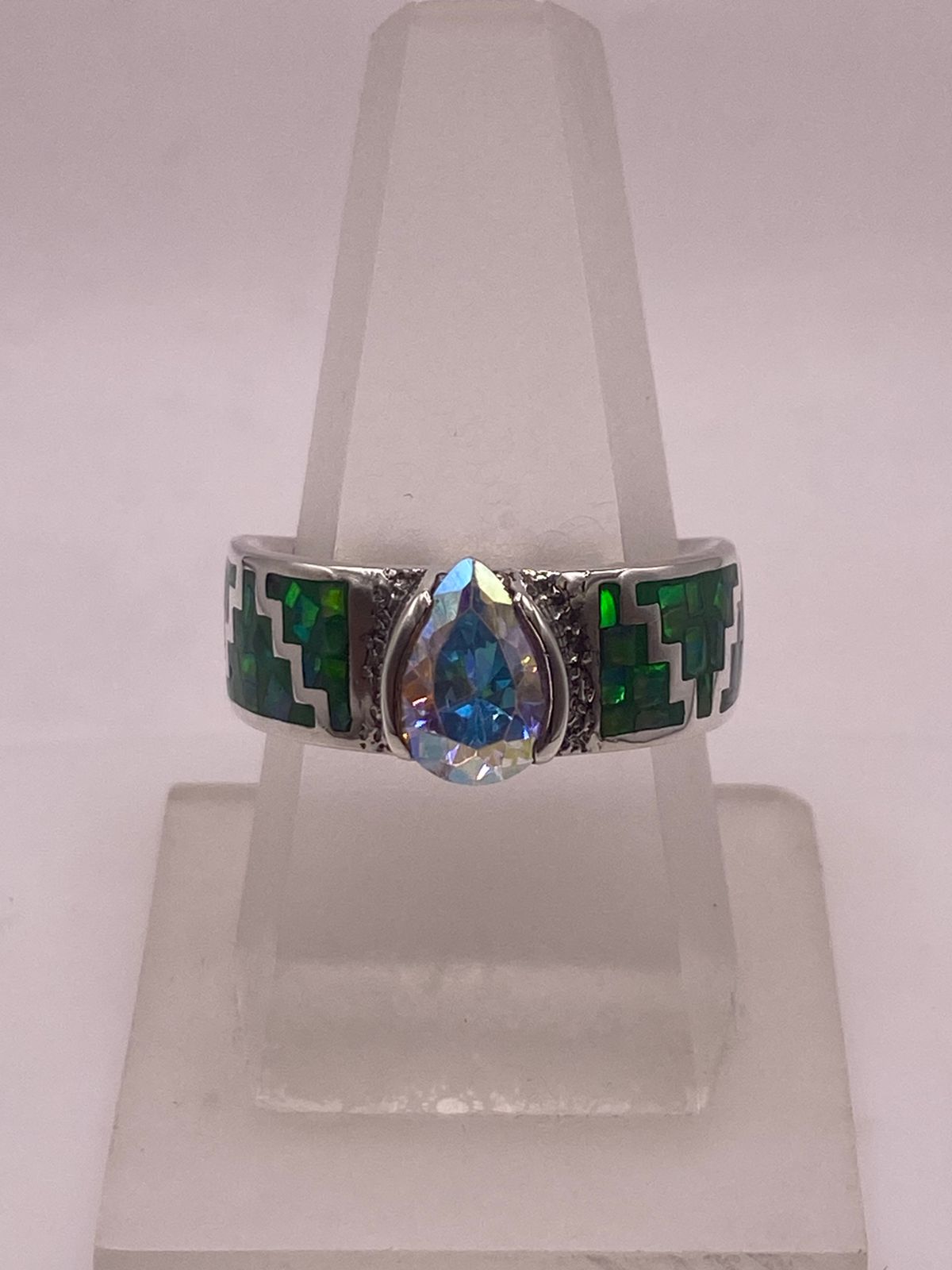 ANILLO GRECA ESCALONADA ÓPALO VERDE & ZIRCONIA CRISTAL ARCOÍRIS  PLATA 950