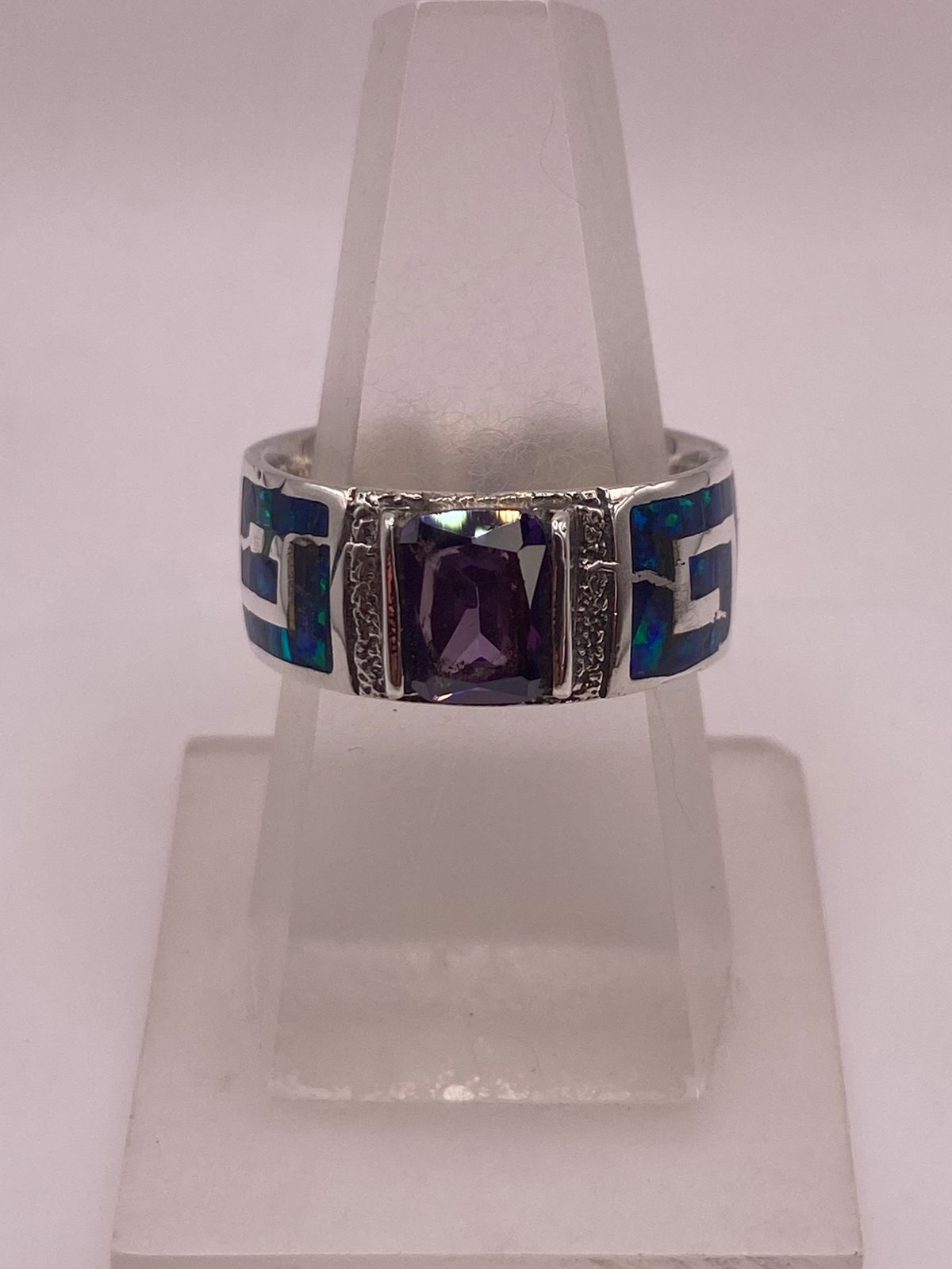 ANILLO GRECA ÓPALO AZUL NOCHE & ZIRCONIA AMATISTA PLATA 925