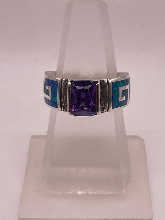 💍💜 Anillo Greca Ópalo Azul-verde & Zirconia Amatista Plata 950 — ángulo diagonal