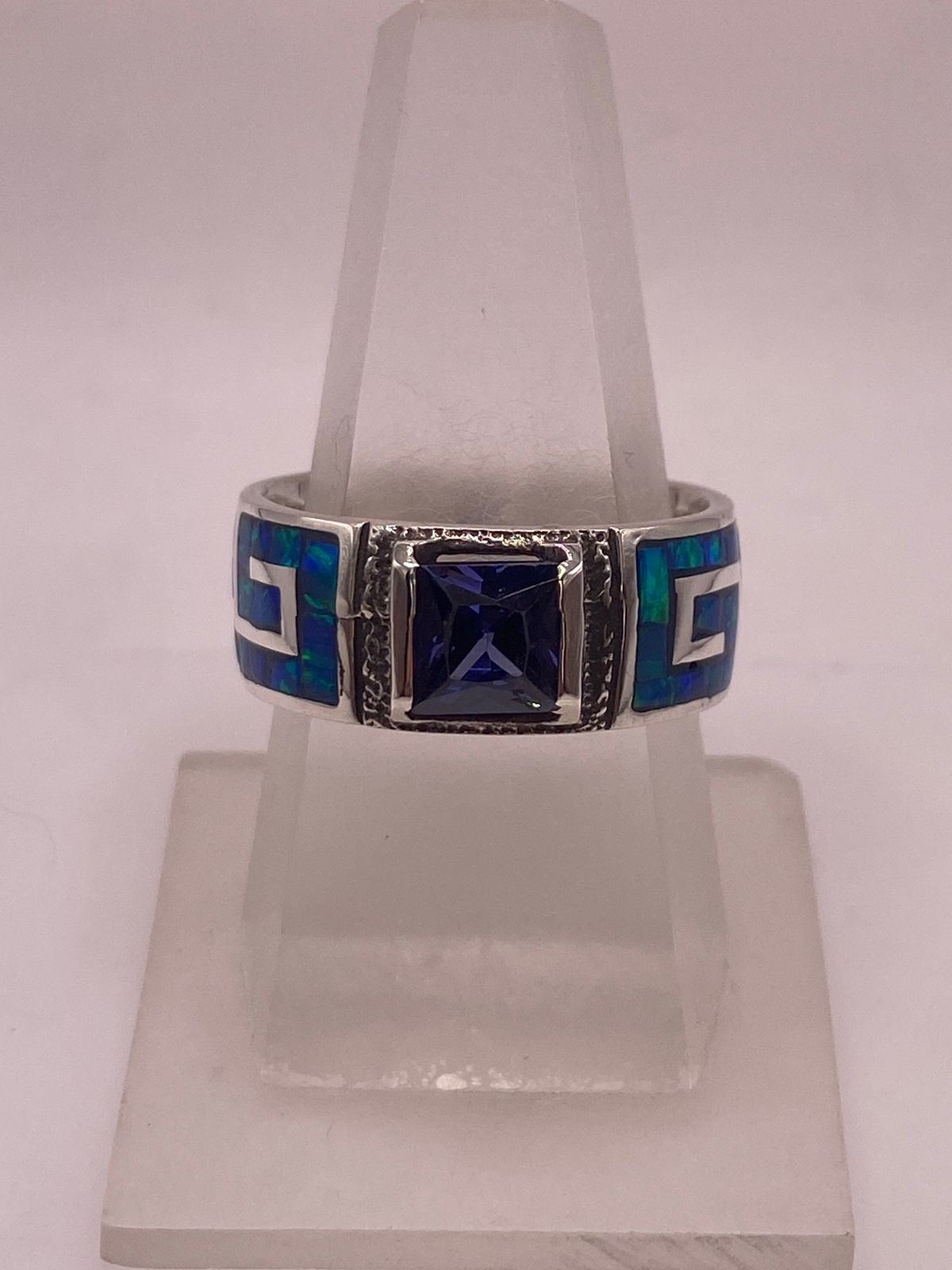 Anillo Greca Ópalo de Fuego Azul Oceáno & Zirconia Zafiro Plata 950