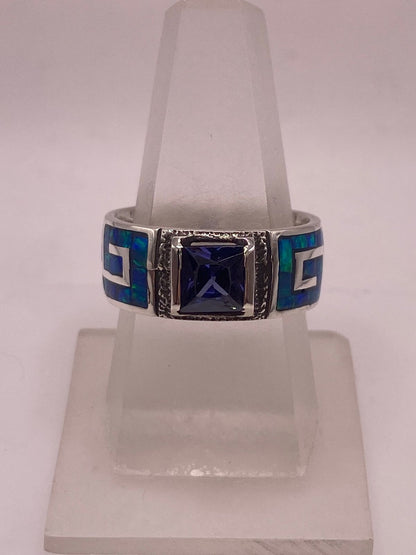 Anillo Greca Ópalo de Fuego Azul Oceáno & Zirconia Zafiro Plata 950, vista de detalle
