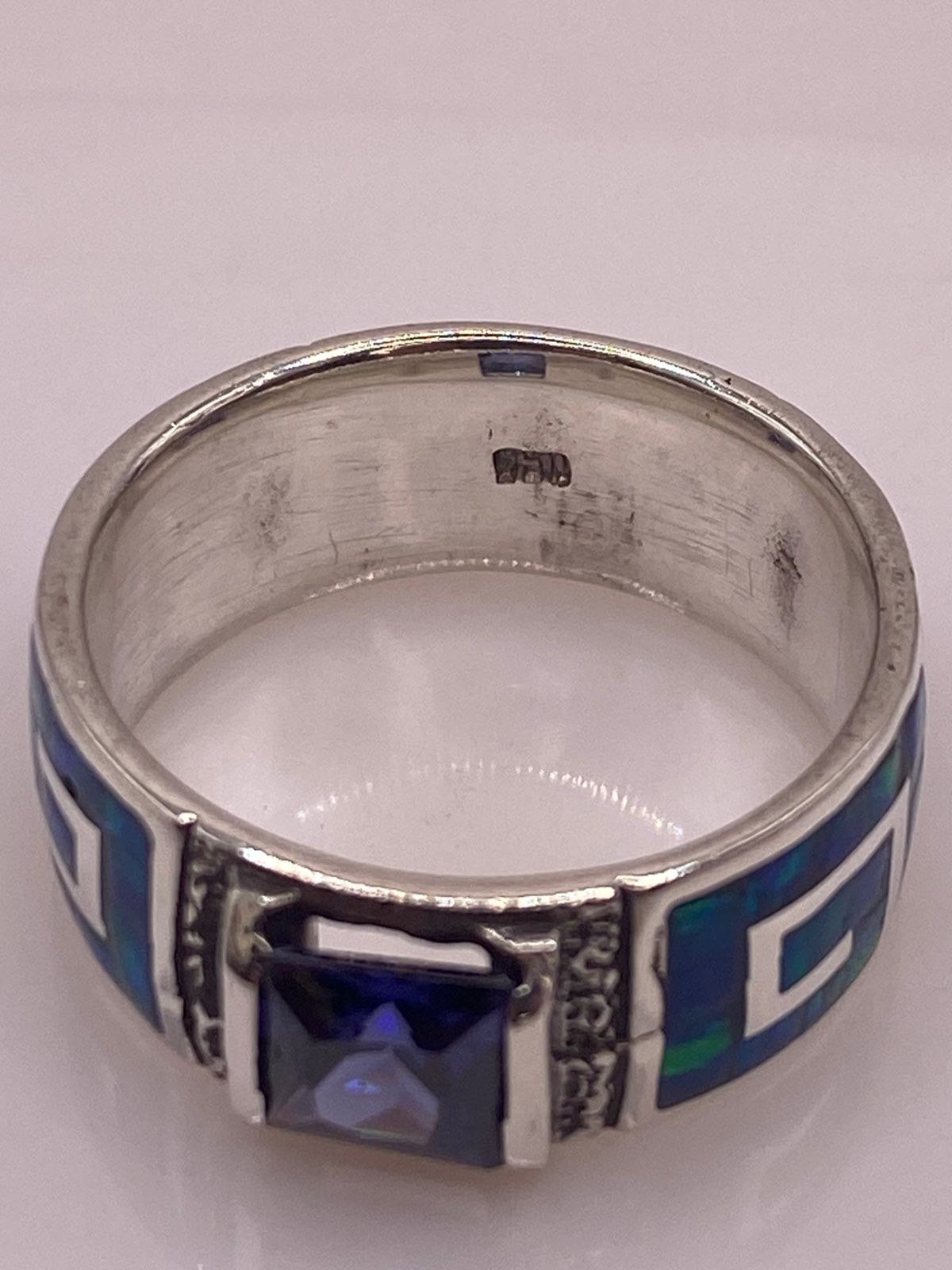Anillo Greca Ópalo de Fuego Azul Oceáno & Zirconia Zafiro Plata 950