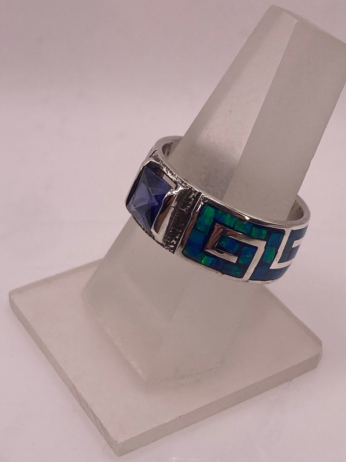 Anillo Greca Ópalo de Fuego Azul Oceáno & Zirconia Zafiro Plata 950