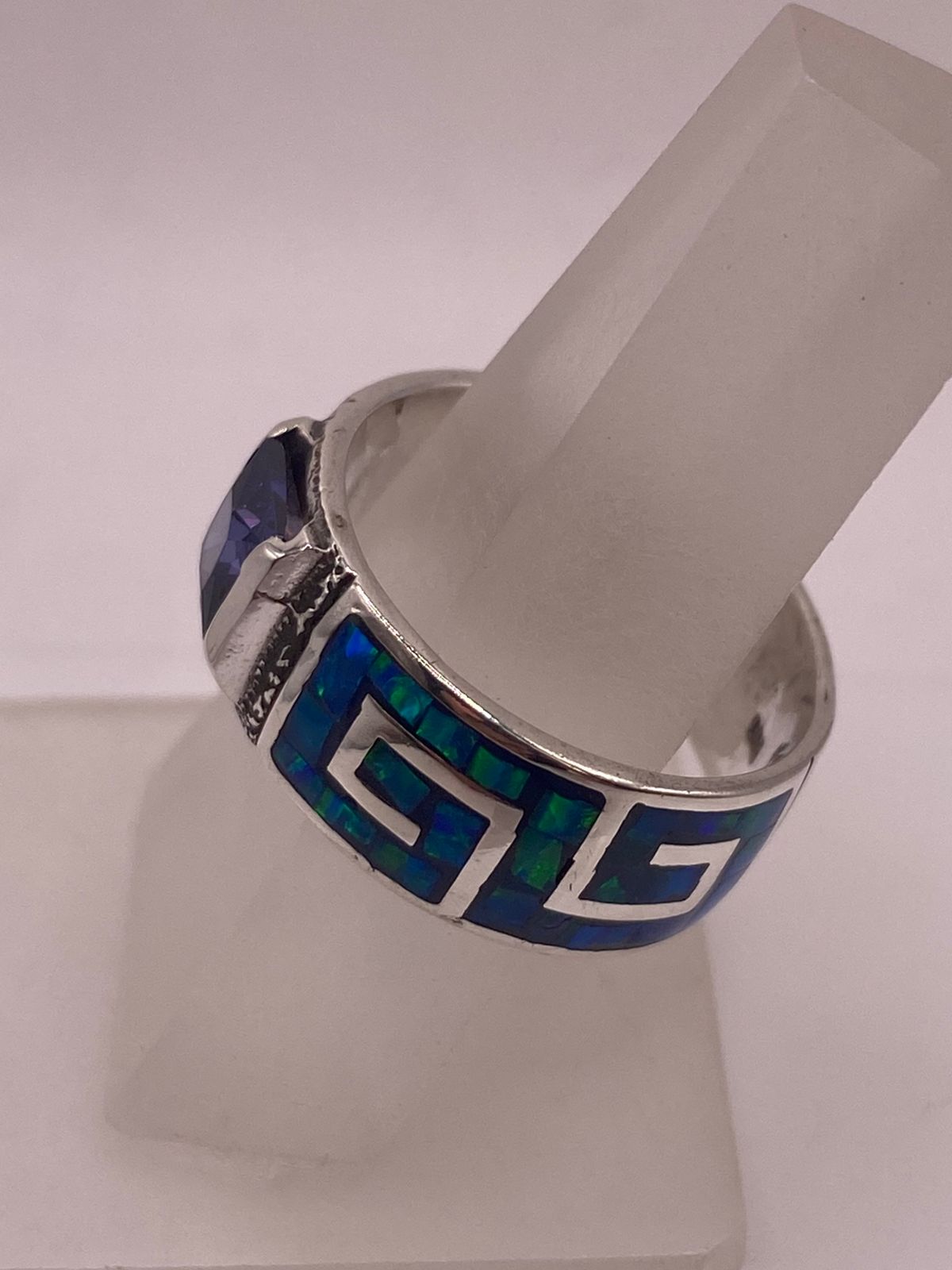 Anillo Greca Ópalo de Fuego Azul Oceáno & Zirconia Zafiro Plata 950