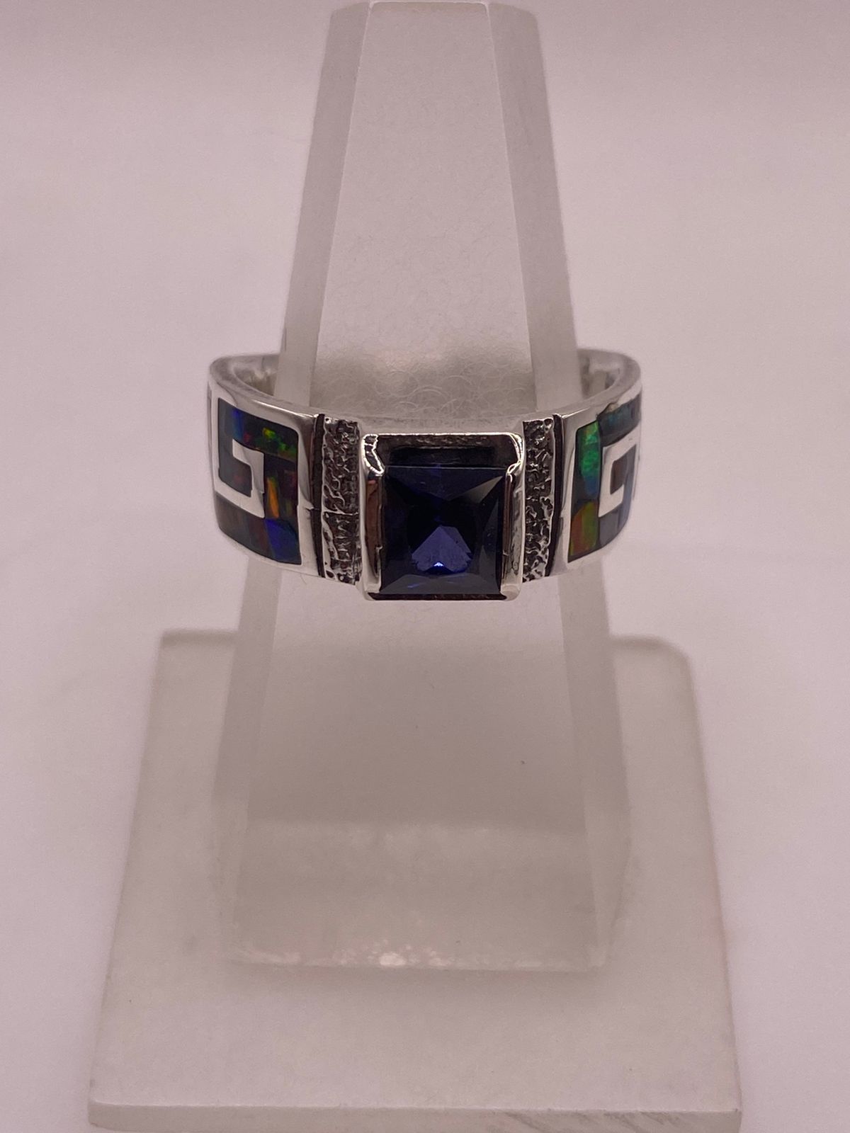 ANILLO GRECA ÓPALO DE FUEGO MULTICOLOR & ZIRCONIA AMATISTA PLATA 950