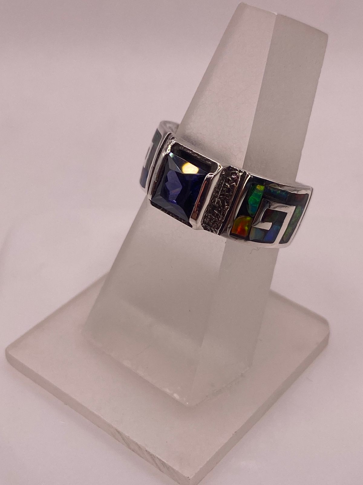 ANILLO GRECA ÓPALO DE FUEGO MULTICOLOR & ZIRCONIA AMATISTA PLATA 950