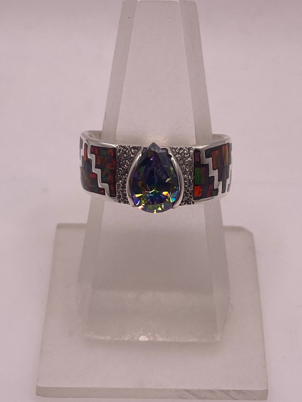 ANILLO GRECA ÓPALO DE FUEGO ROJO & ZIRCONIA MÍSTICA PLATA 950