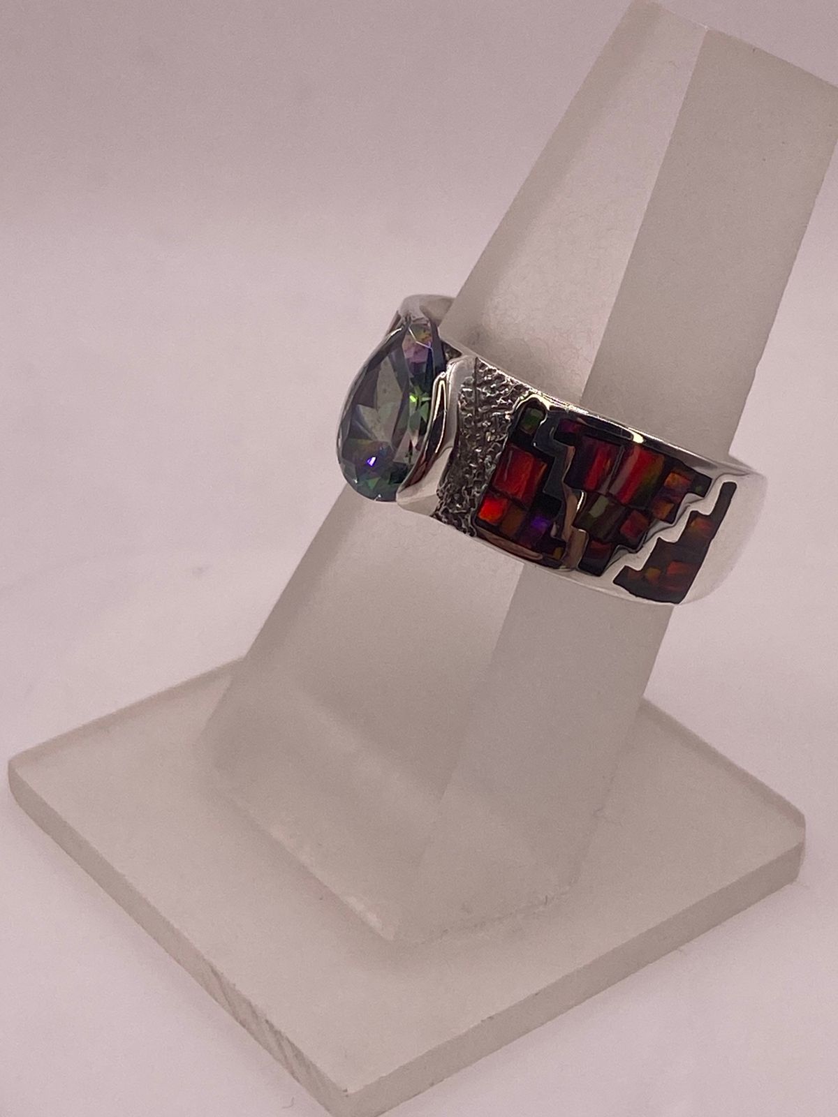 ANILLO GRECA ÓPALO DE FUEGO ROJO & ZIRCONIA MÍSTICA PLATA 950