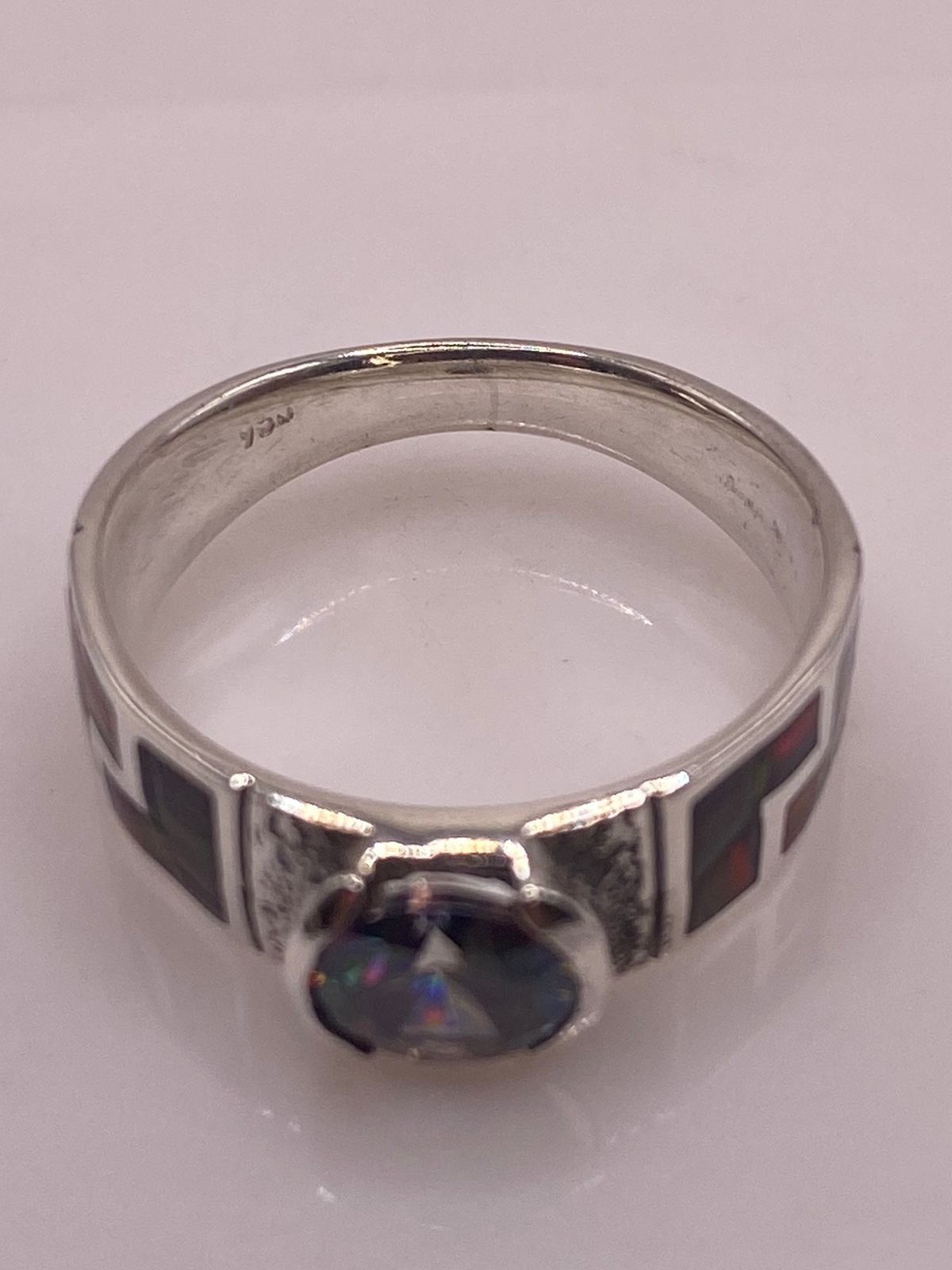 Anillo Greca Ópalo Rojo-borgoña & Zirconia Mística Arcoíris Plata 950