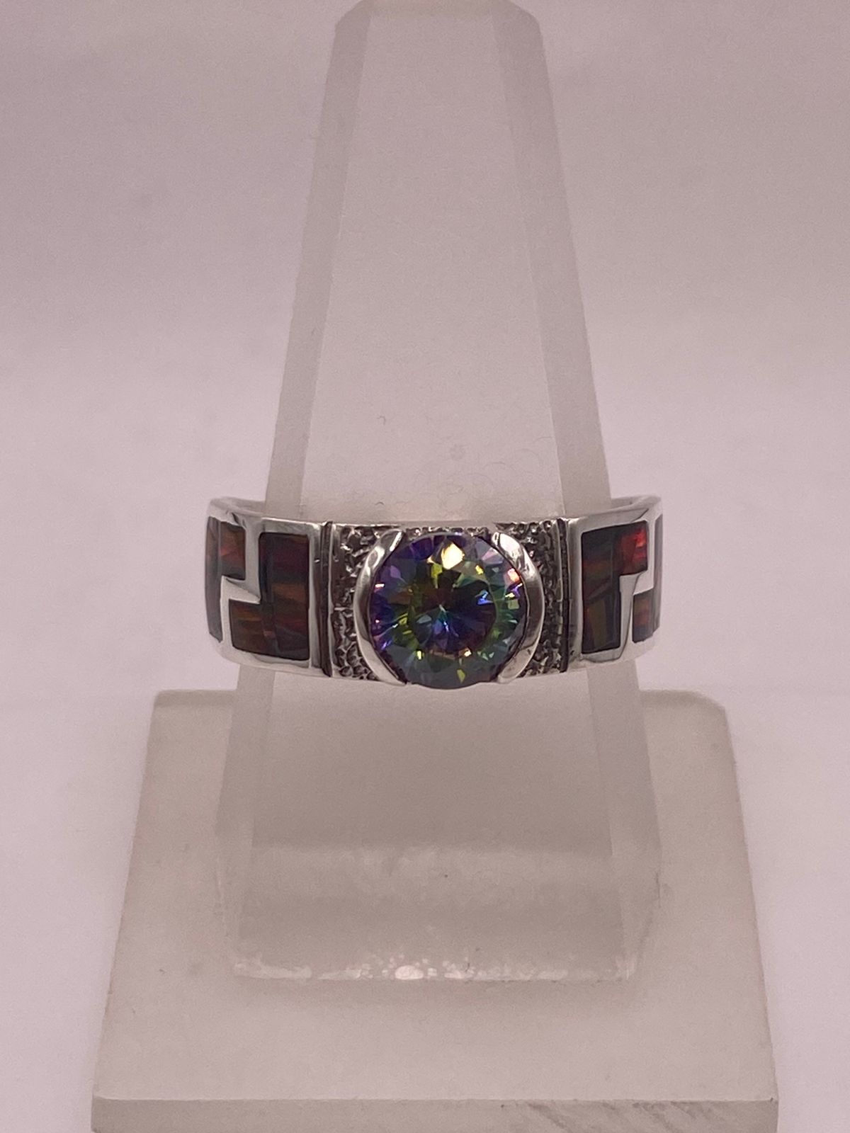 Anillo Greca Ópalo Rojo-borgoña & Zirconia Mística Arcoíris Plata 950