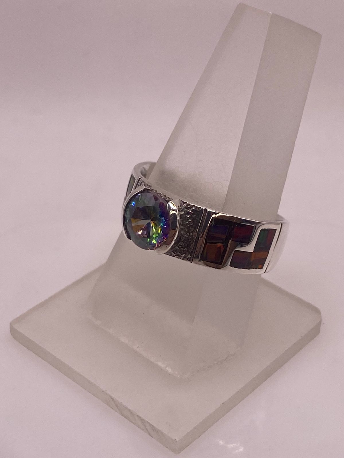 Anillo Greca Ópalo Rojo-borgoña & Zirconia Mística Arcoíris Plata 950