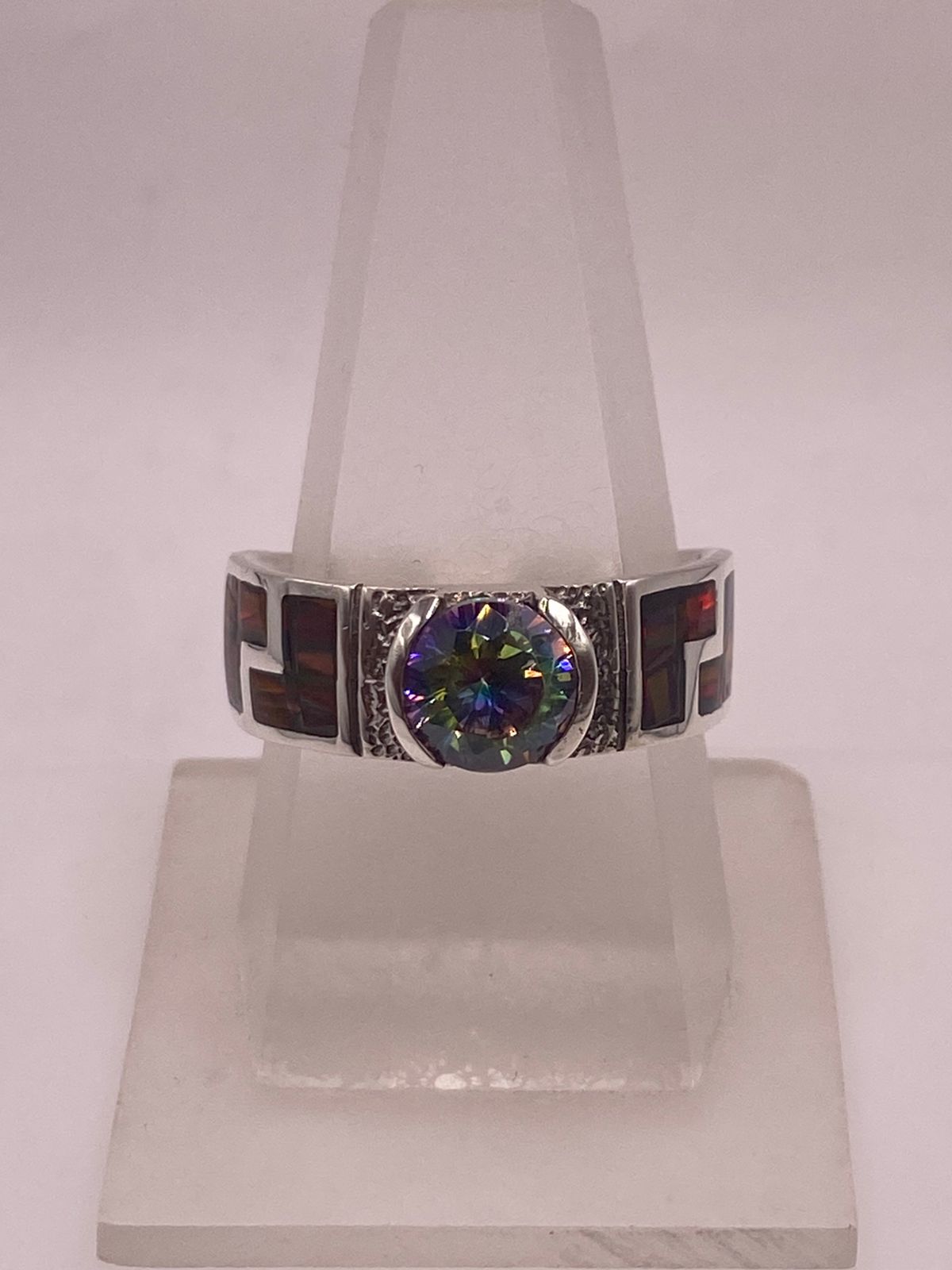 Anillo Greca Ópalo Rojo-borgoña & Zirconia Mística Arcoíris Plata 950