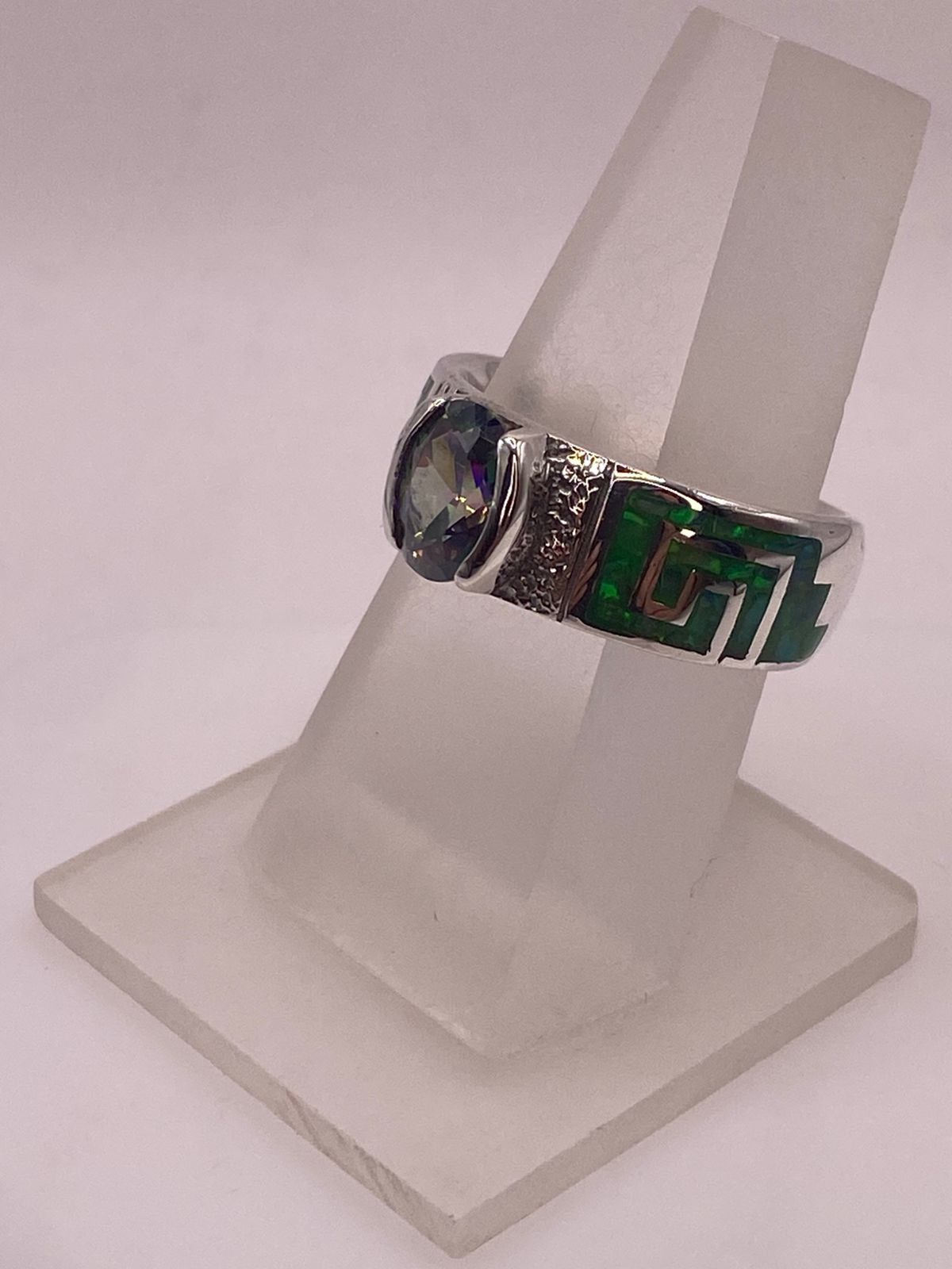Anillo Greca Ópalo Verde & Zirconia Mística Plata 950