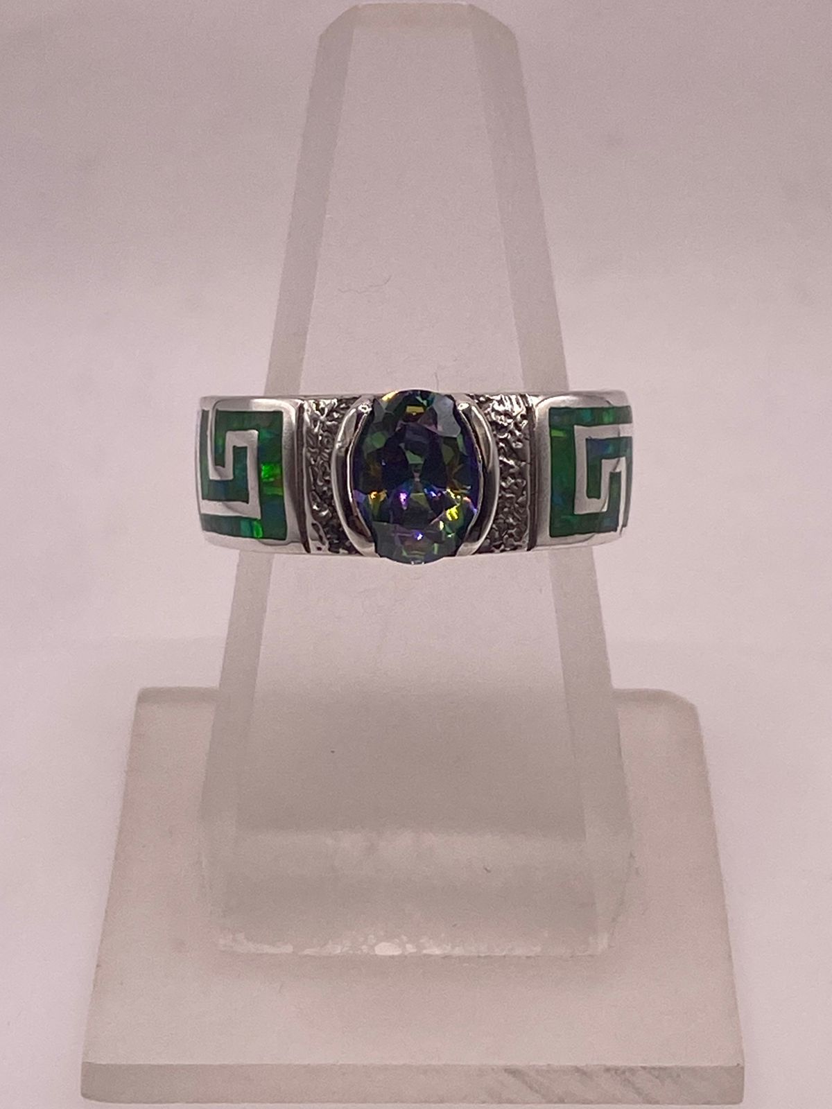 Anillo Greca Ópalo Verde & Zirconia Mística Plata 950
