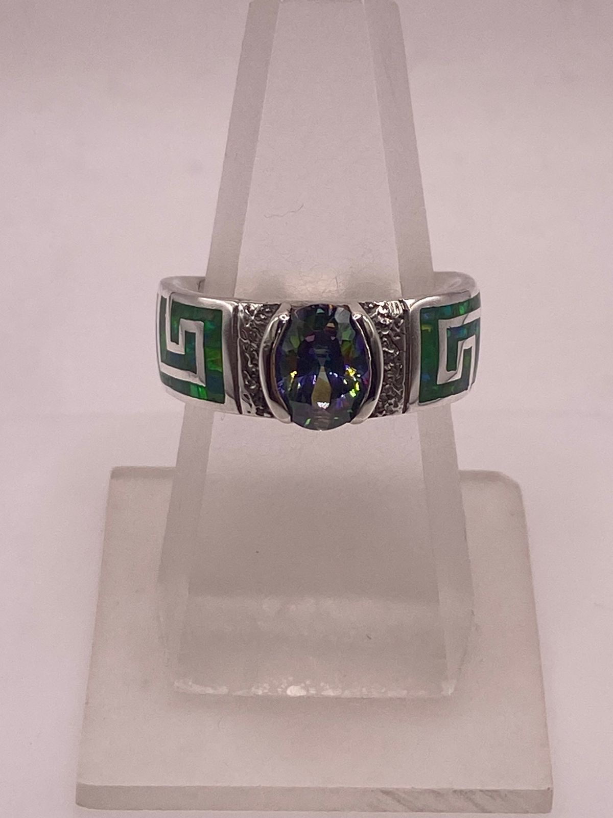 Anillo Greca Ópalo Verde & Zirconia Mística Plata 950
