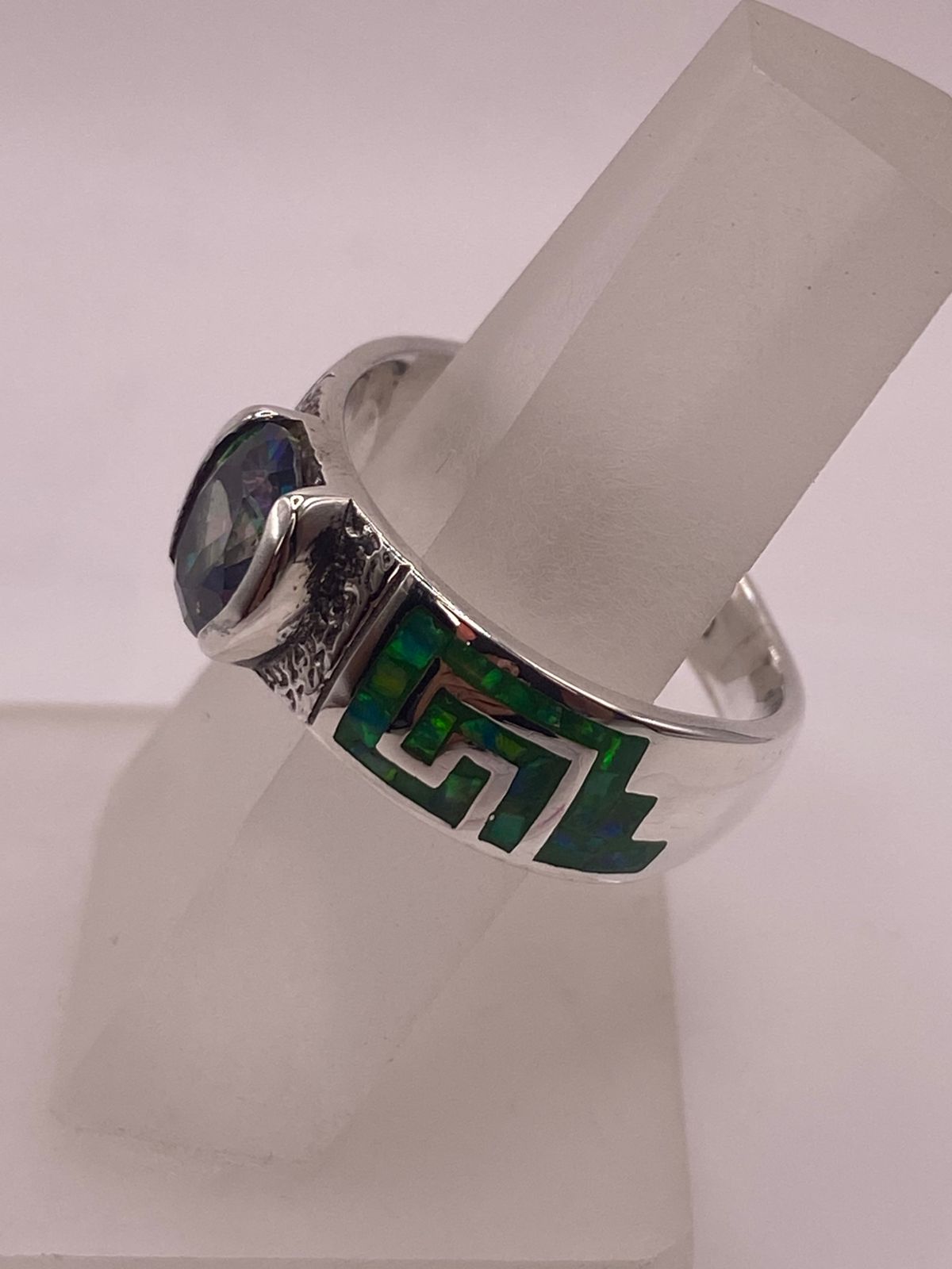 Anillo Greca Ópalo Verde & Zirconia Mística Plata 950