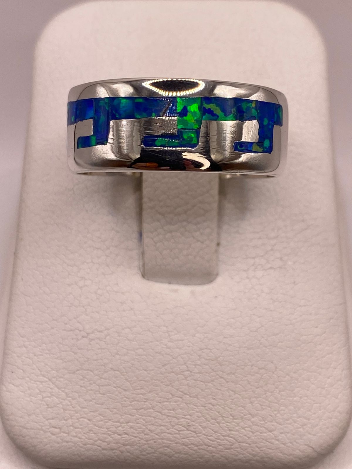 Anillo Greca de Plata Ley 950 con Ópalo de Fuego Azul Marino