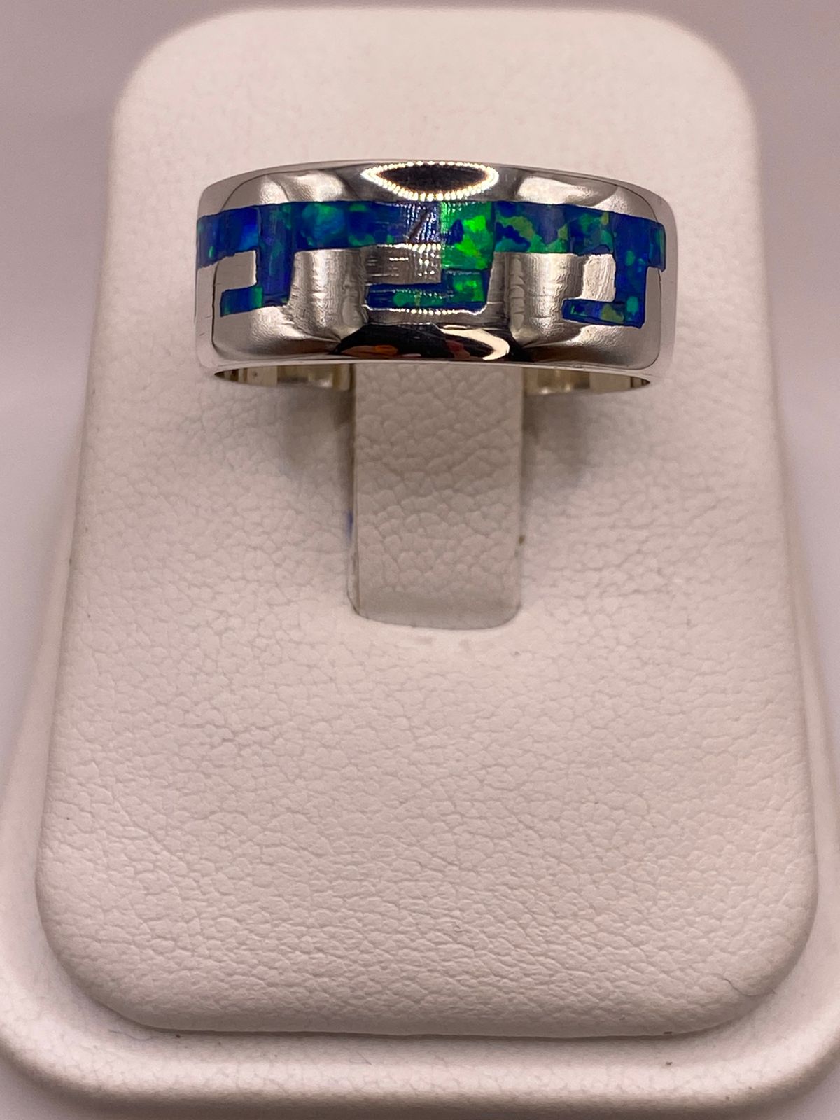 Anillo Greca de Plata Ley 950 con Ópalo de Fuego Azul Marino