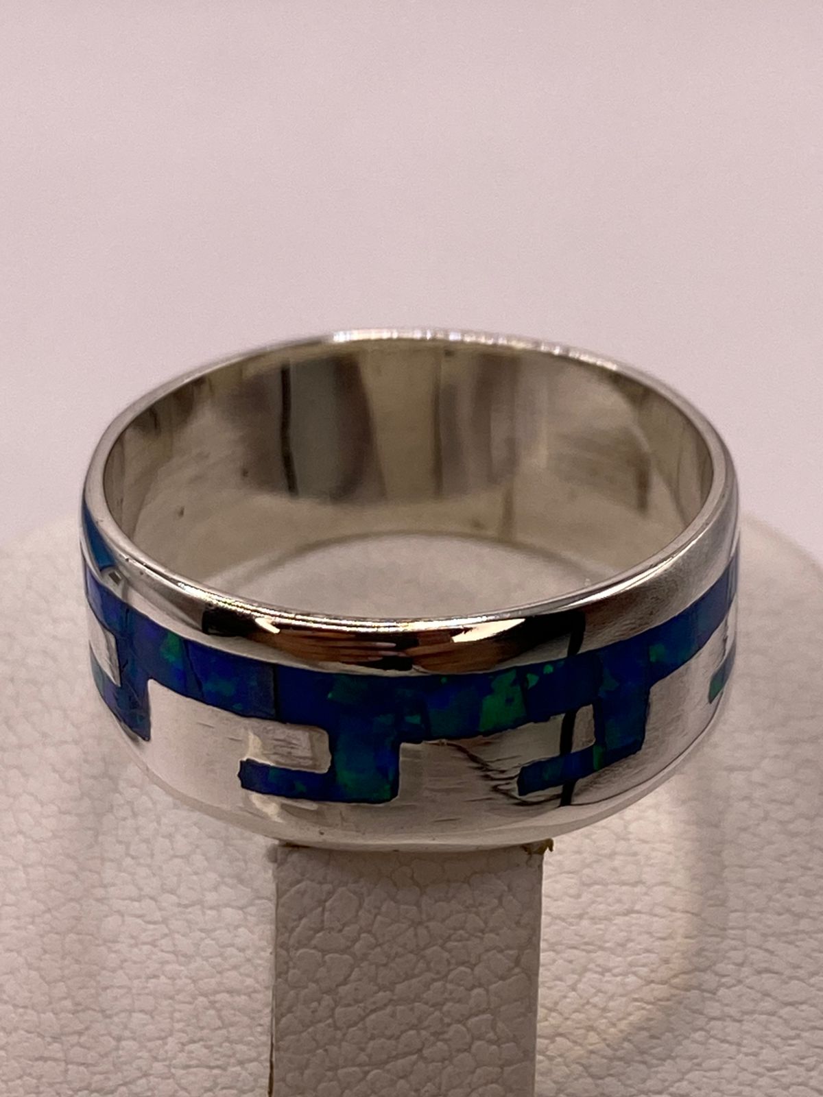 Anillo Greca de Plata Ley 950 con Ópalo de Fuego Azul Marino