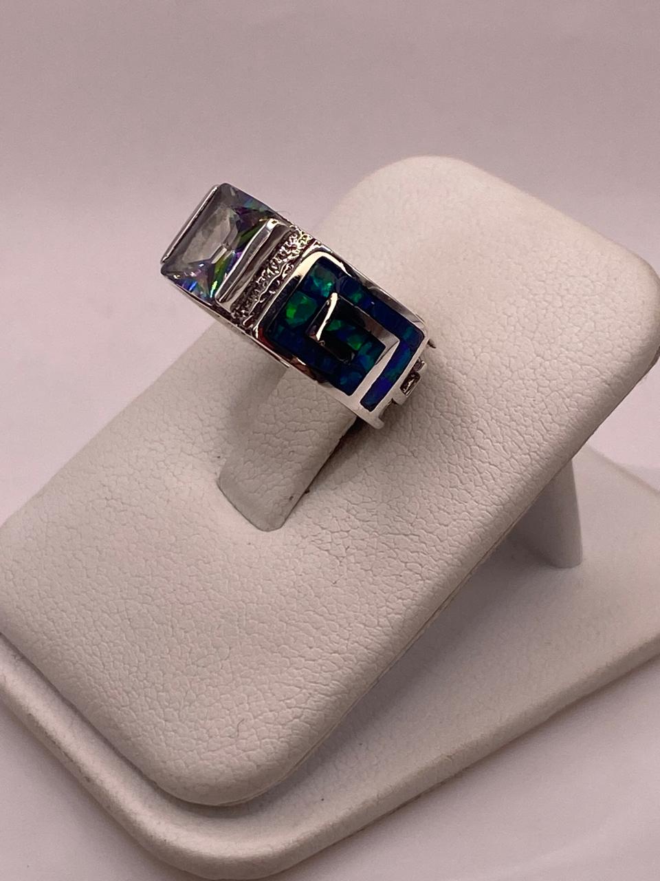💍 ANILLO GRECA EN PLATA LEY .950 CON ÓPALO DE FUEGO Y ZIRCONIA