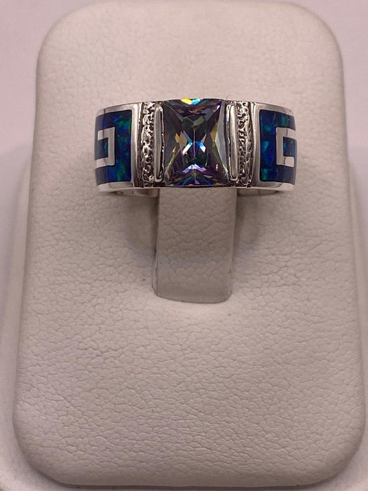 💍 ANILLO GRECA EN PLATA LEY .950 CON ÓPALO DE FUEGO Y ZIRCONIA