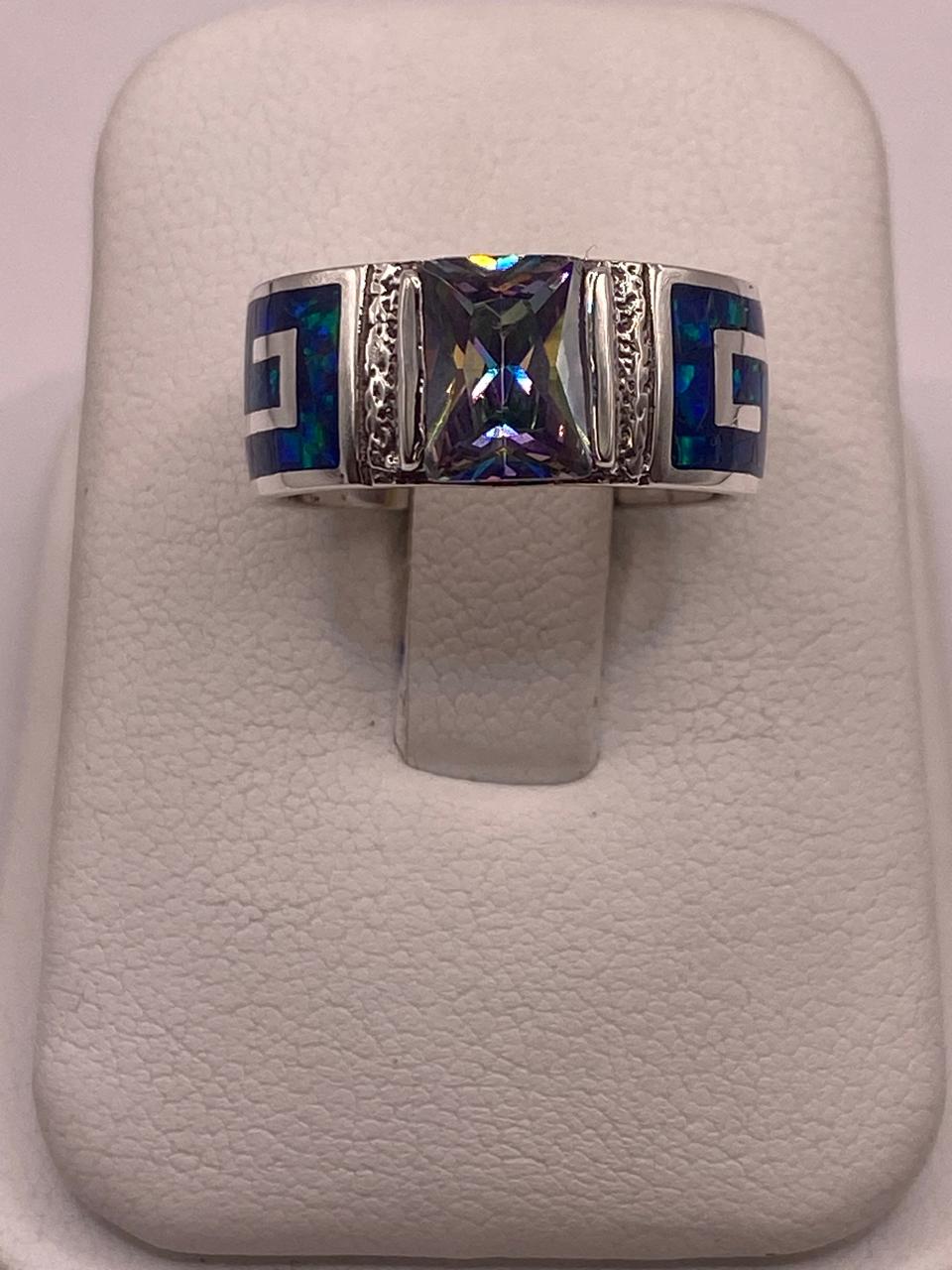 💍 Anillo Greca en Plata Ley .950 con Ópalo de Fuego y Zirconia — ángulo diagonal