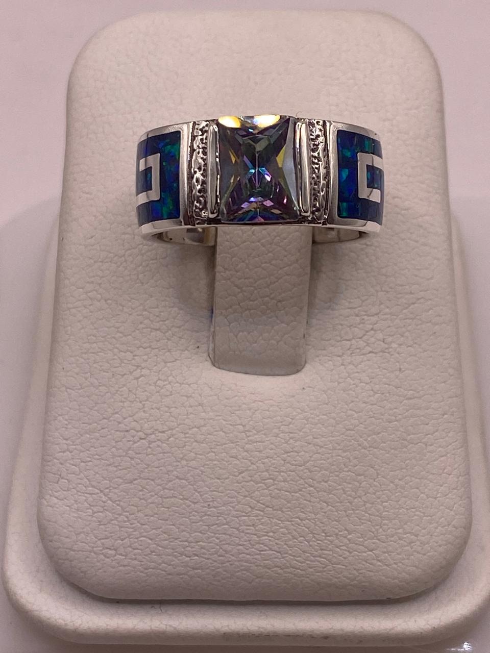 💍 Anillo Greca en Plata Ley .950 con Ópalo de Fuego y Zirconia