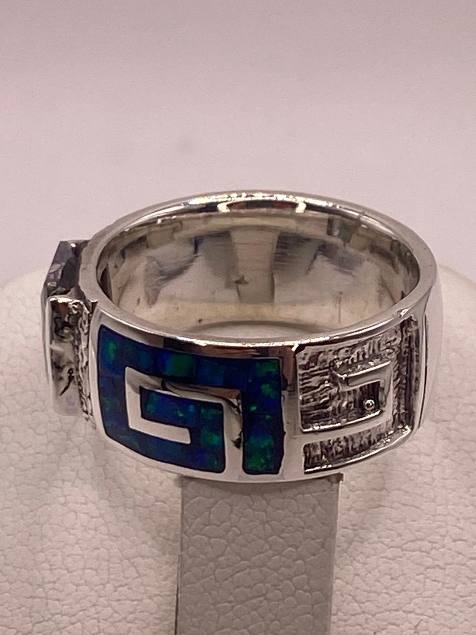 💍 ANILLO GRECA EN PLATA LEY .950 CON ÓPALO DE FUEGO Y ZIRCONIA