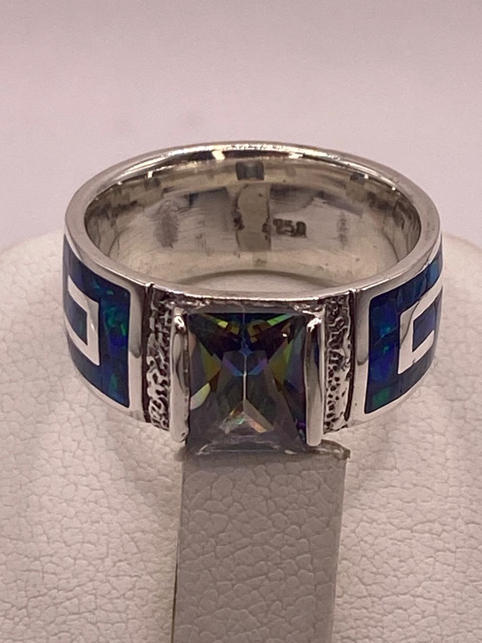 💍 ANILLO GRECA EN PLATA LEY .950 CON ÓPALO DE FUEGO Y ZIRCONIA