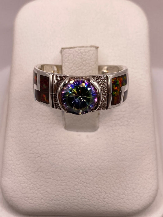 Anillo Greca de Plata Ley 950 con Ópalo de Fuego y Zirconia, vista frontal