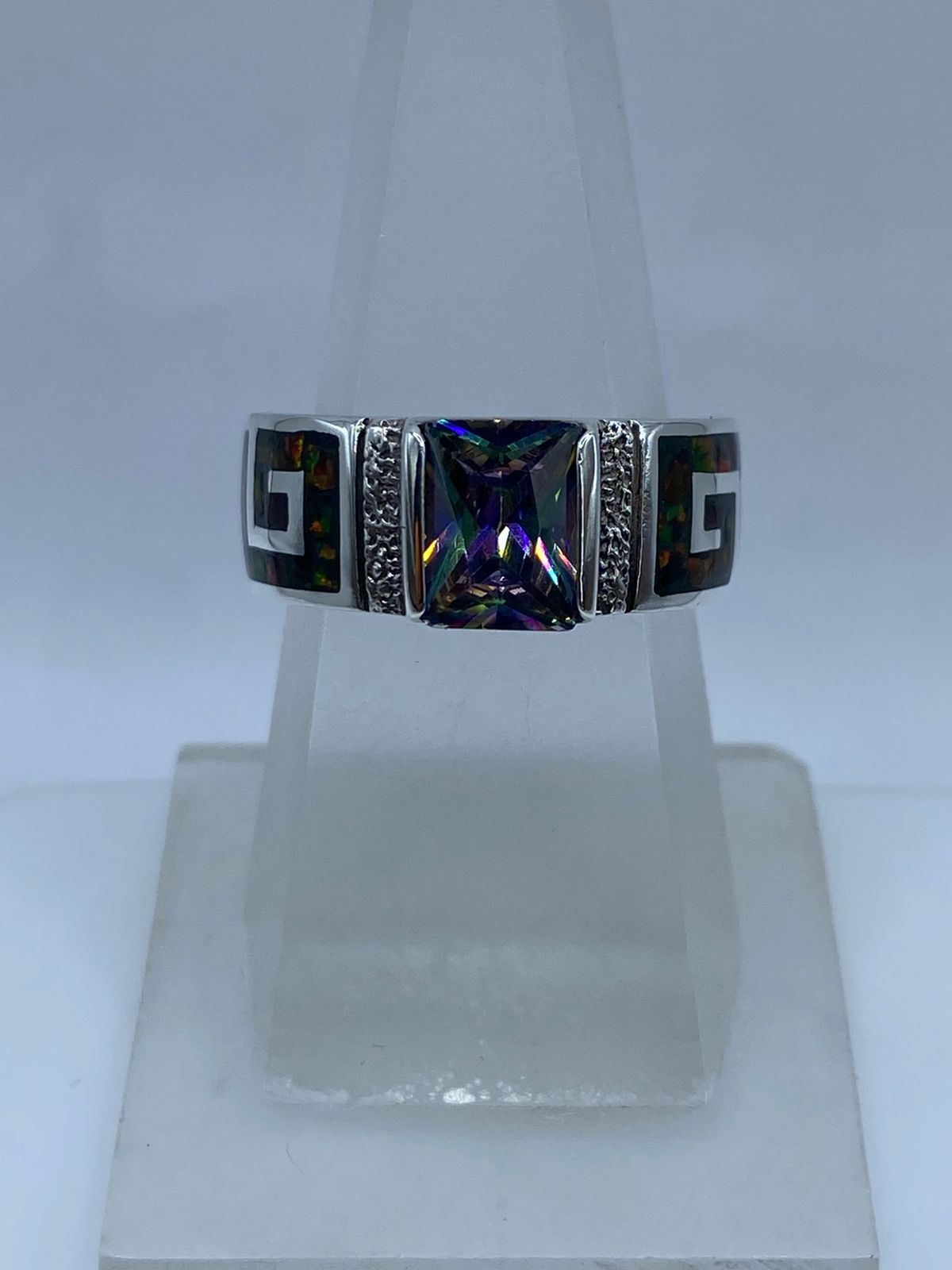 Anillo Greca de Plata .950 con Ópalo de Fuego y Zircona Multicolor