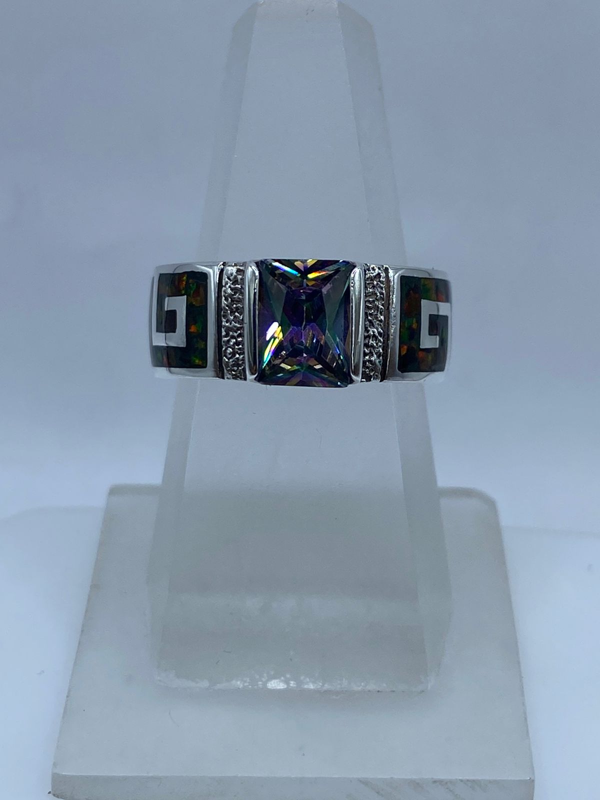 Anillo Greca de Plata .950 con Ópalo de Fuego y Zircona Multicolor