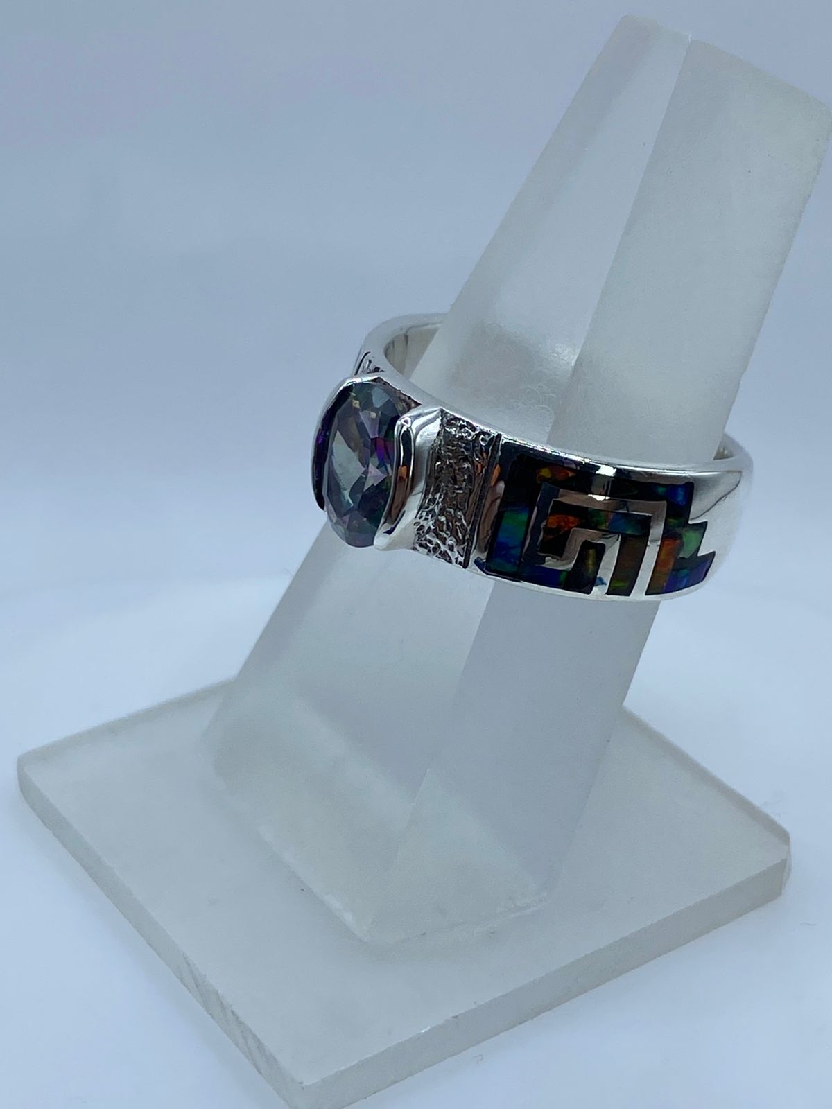 ANILLO GRECA DE PLATA .950 CON ÓPALO DE FUEGO Y ZIRCONIA