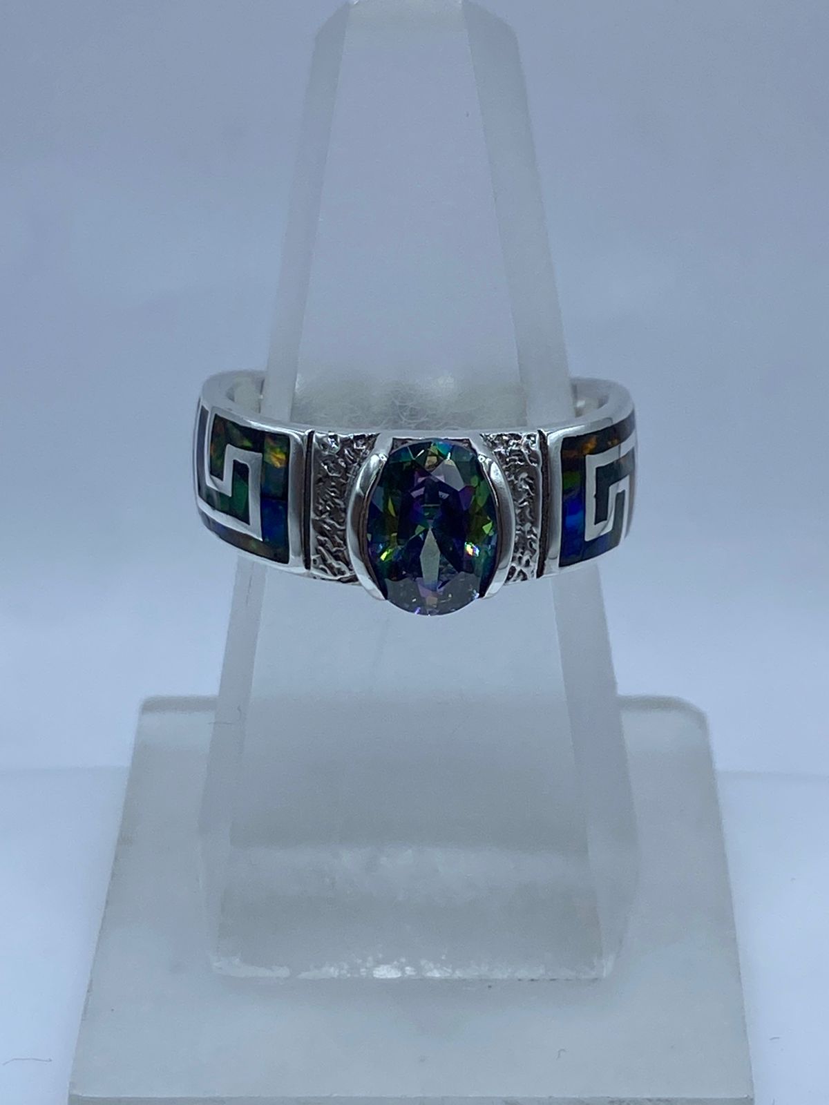 ANILLO GRECA DE PLATA .950 CON ÓPALO DE FUEGO Y ZIRCONIA