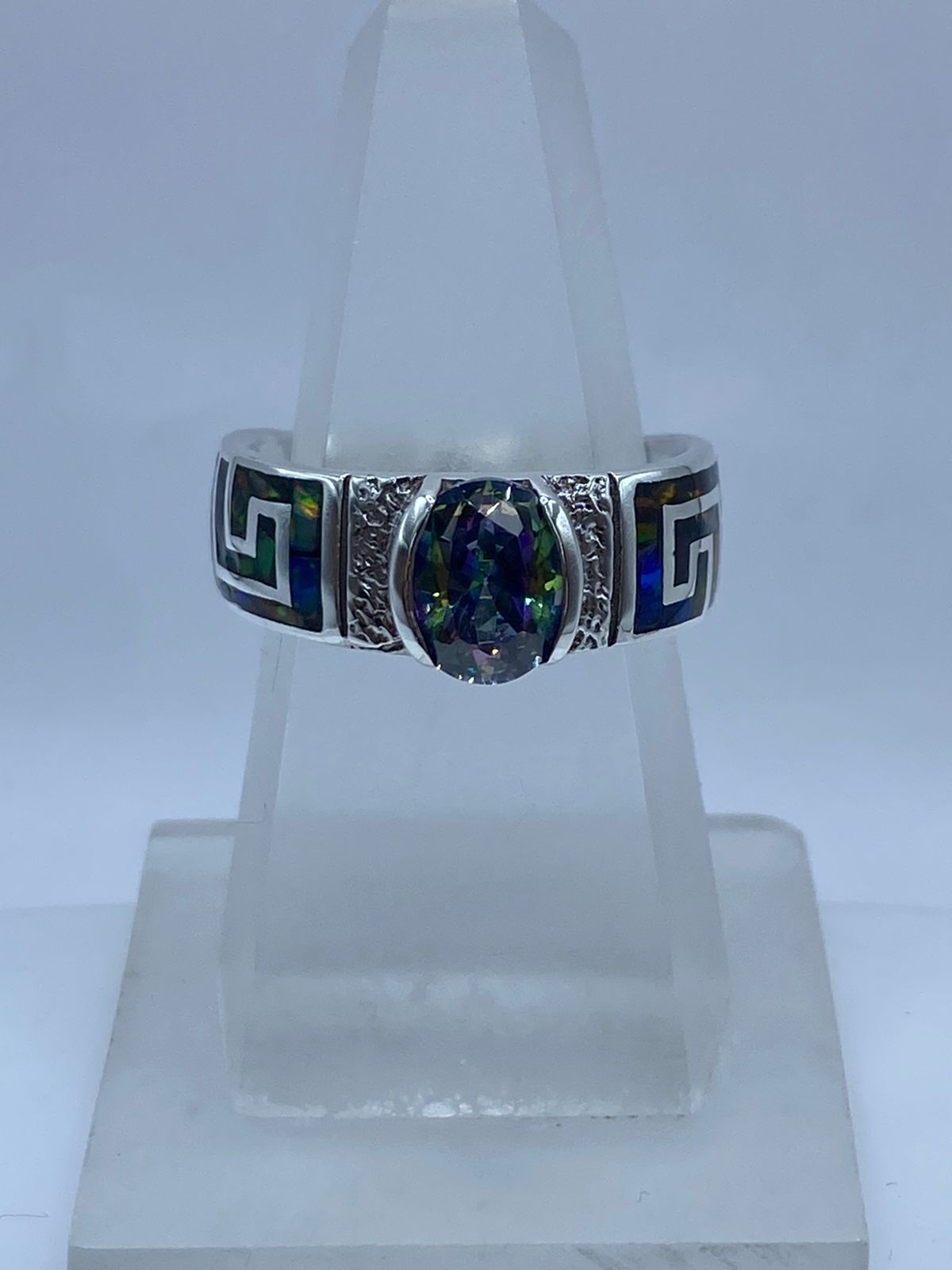 ANILLO GRECA DE PLATA .950 CON ÓPALO DE FUEGO Y ZIRCONIA