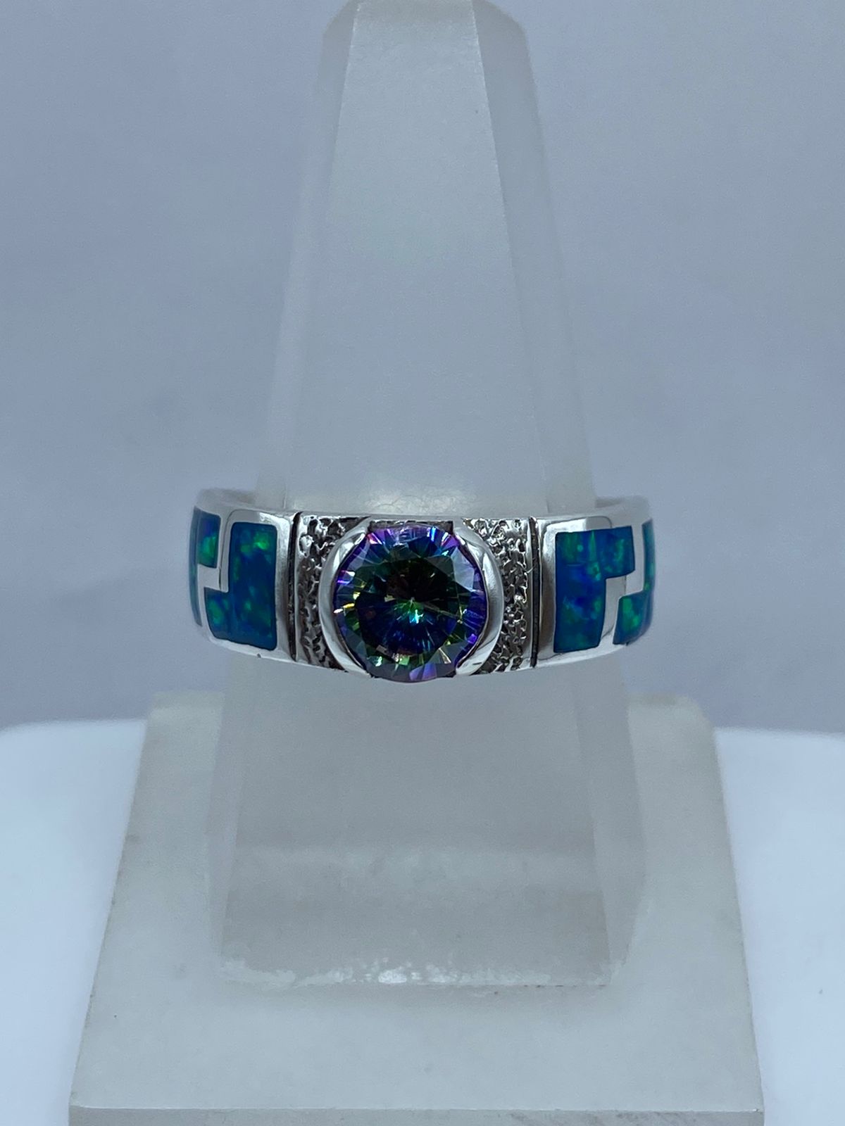 Anillo Greca de Plata .950 con Ópalo de Fuego y Zirconia