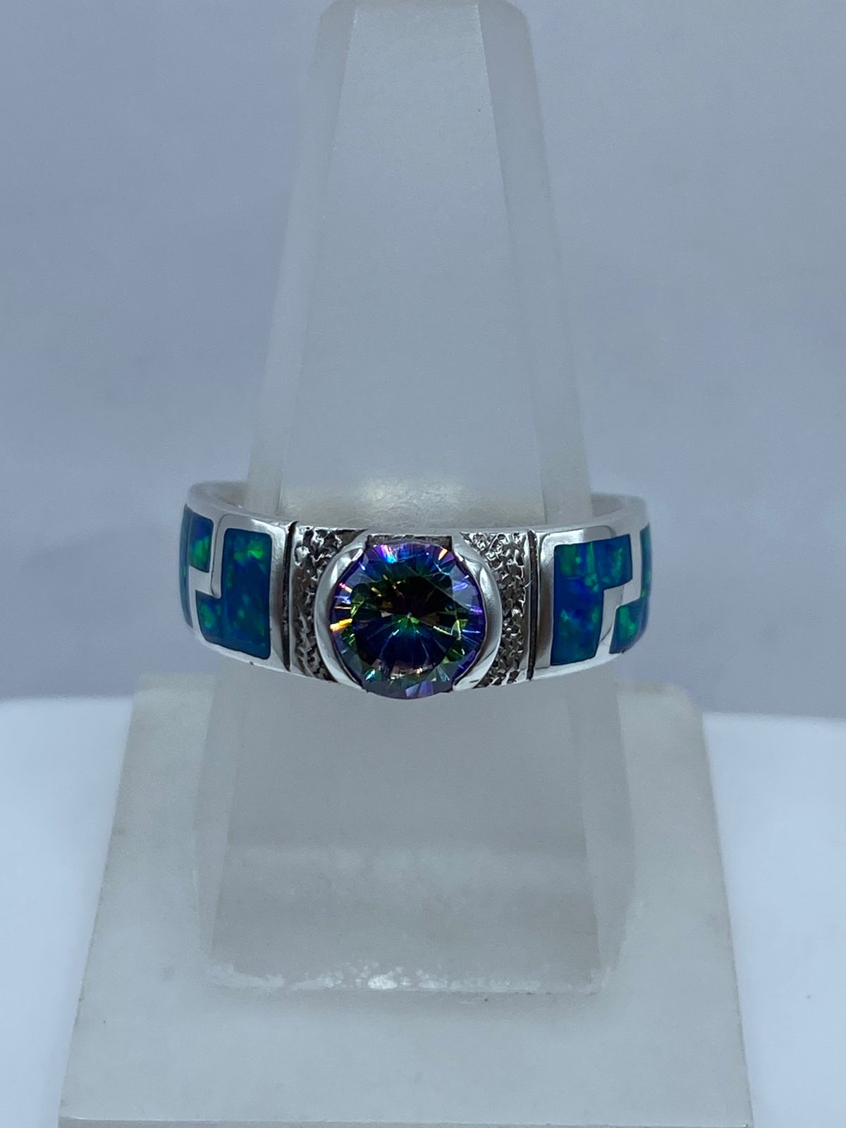 Anillo Greca de Plata .950 con Ópalo de Fuego y Zirconia