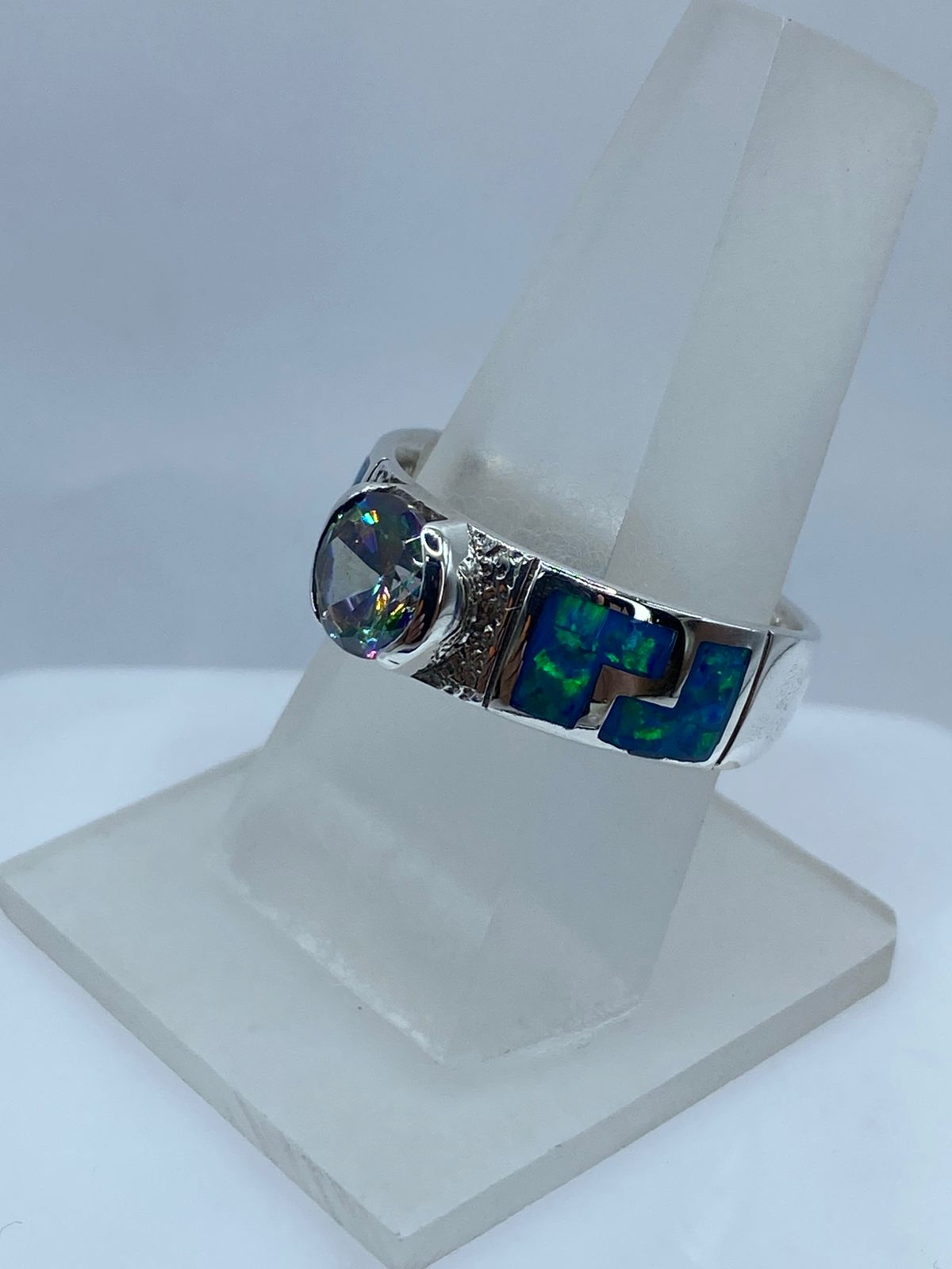 Anillo Greca de Plata .950 con Ópalo de Fuego y Zirconia
