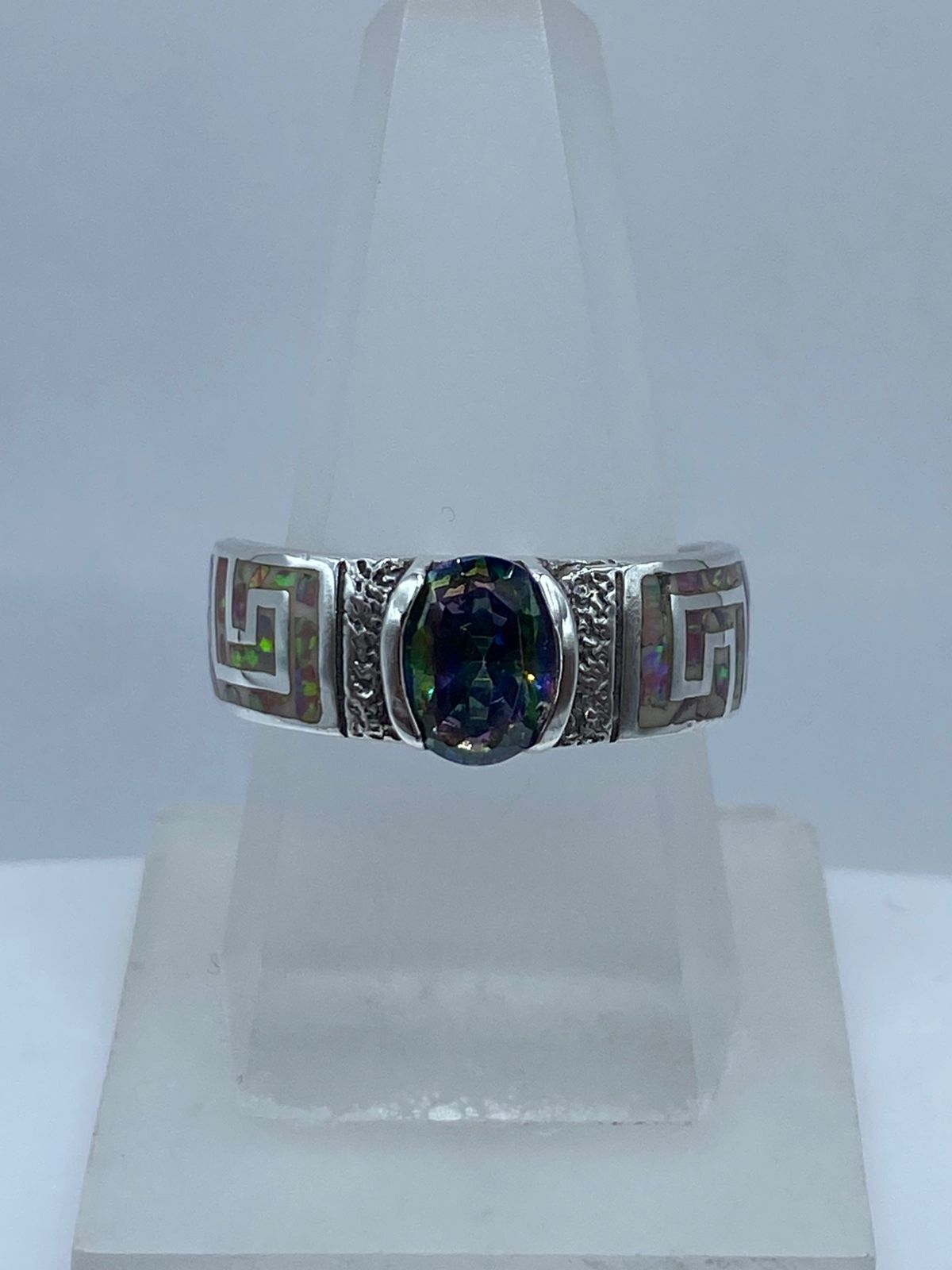 Anillo Greca de Plata .950 con Ópalo de Fuego y Zirconia Multicolor