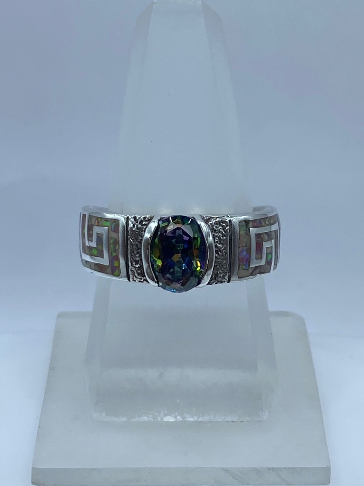 Anillo Greca de Plata .950 con Ópalo de Fuego y Zirconia Multicolor