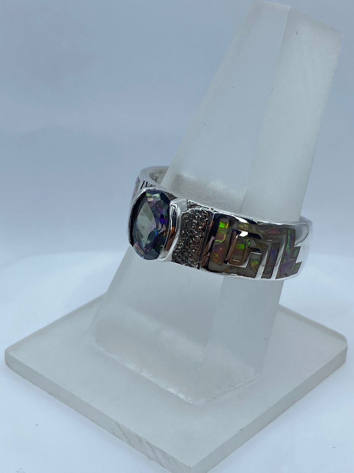 Anillo Greca de Plata .950 con Ópalo de Fuego y Zirconia Multicolor