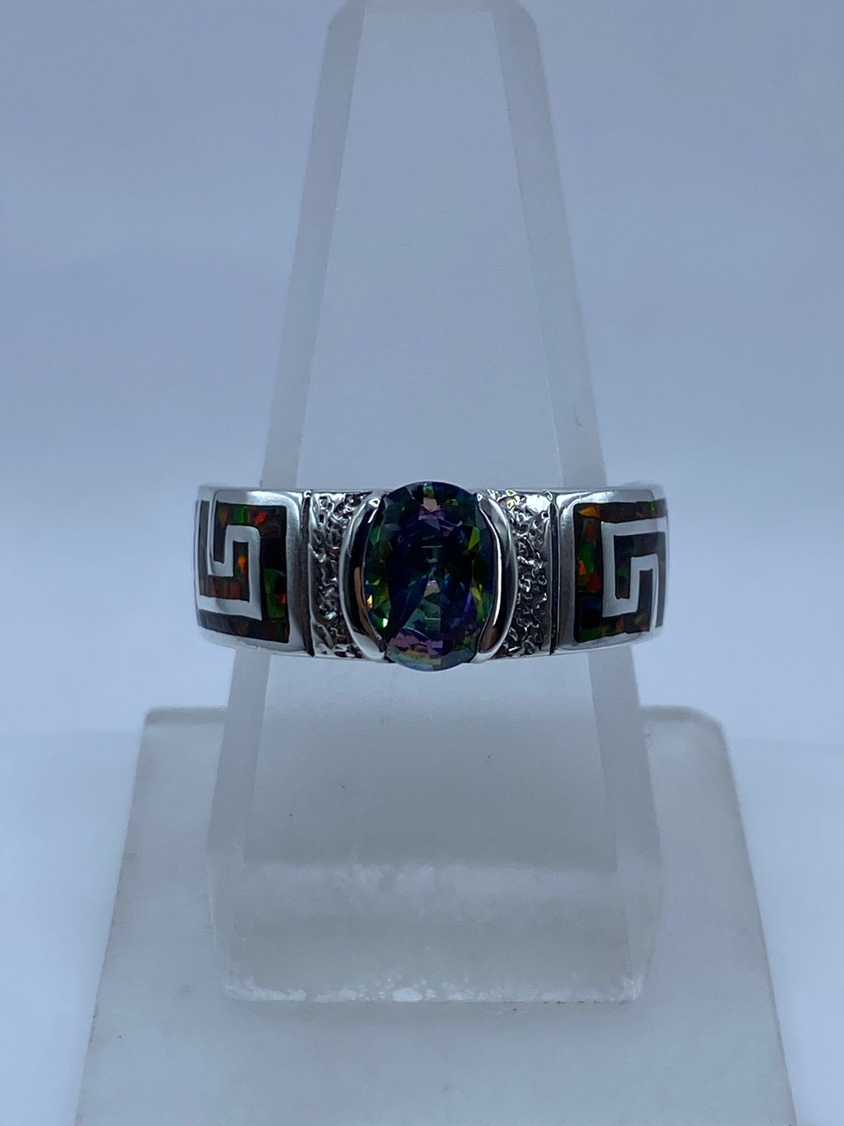 Anillo Greca de Plata .950 con Ópalo de Fuego y Zirconia Tornasol