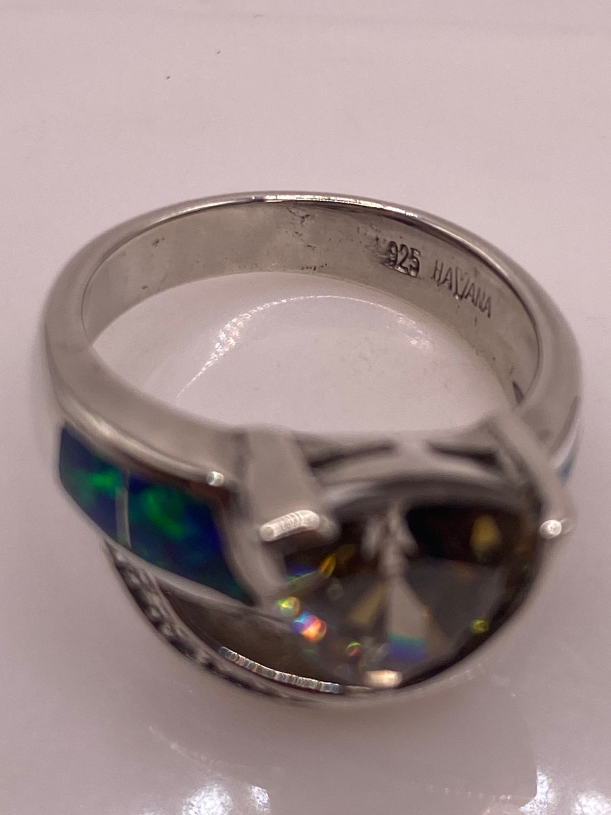 Anillo Moderno Ópalo Azul & Zirconia Trillion Cuarzo Ahumado Plata 925