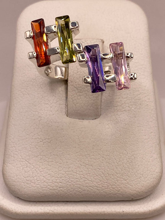 Anillo Multicolor de Zirconias Baguette Plata Ley 925, vista frontal