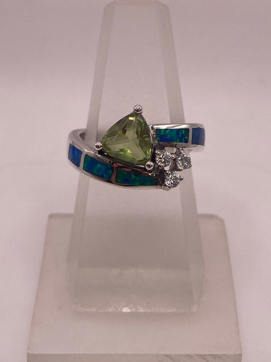 💍 ANILLO ÓPALO AZUL & ZIRCONIA PERIDOTO, DIAMANTES PLATA 925