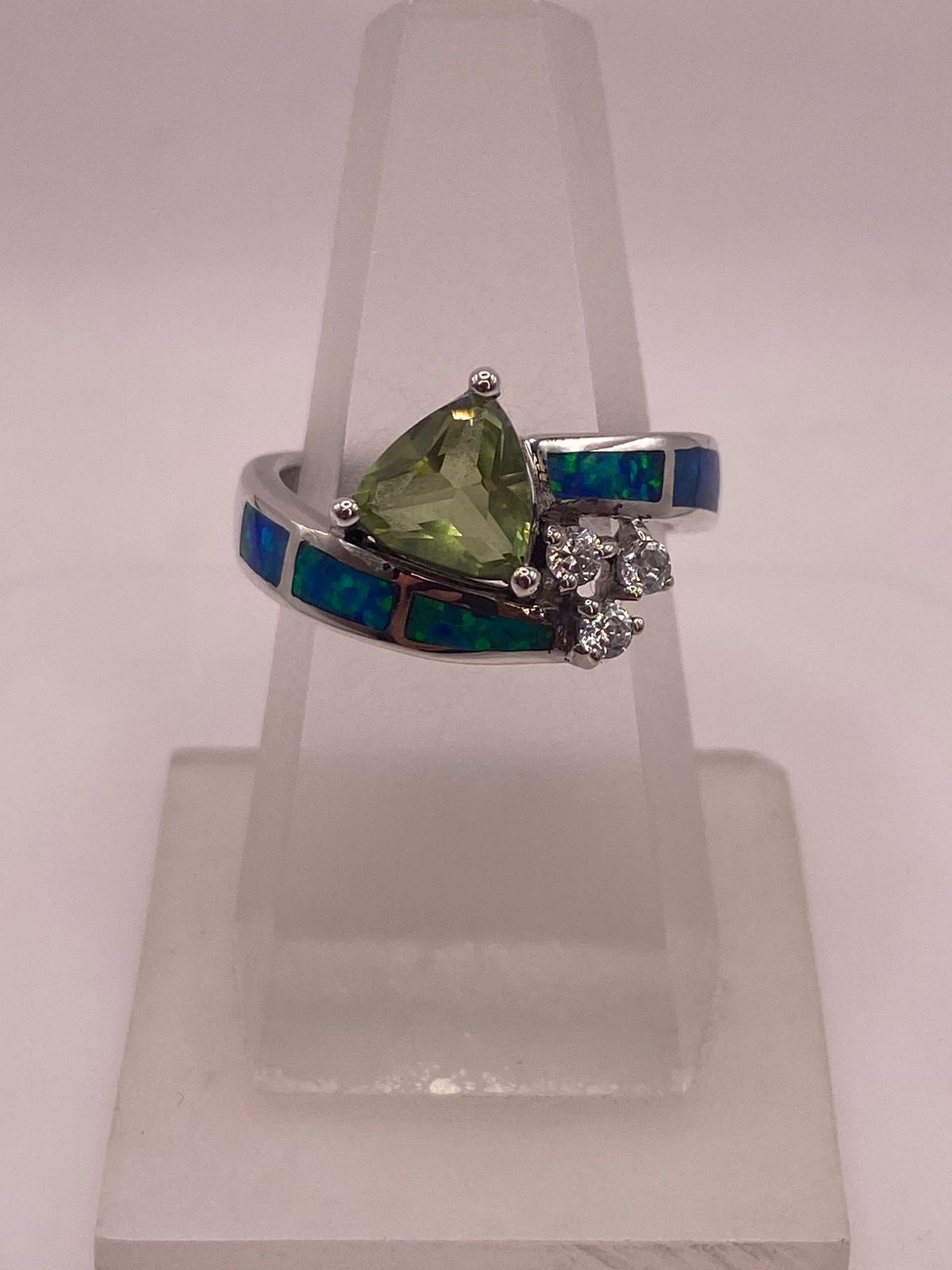 💍 Anillo Ópalo Azul & Zirconia Peridoto, Diamantes Plata 925 — ángulo diagonal