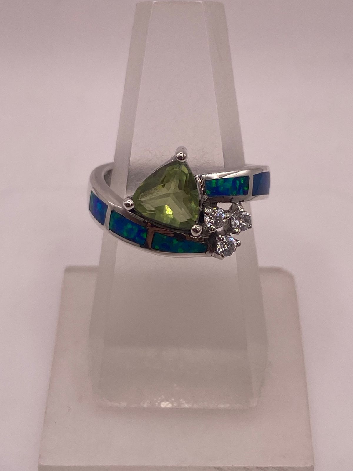 💍 ANILLO ÓPALO AZUL & ZIRCONIA PERIDOTO, DIAMANTES PLATA 925
