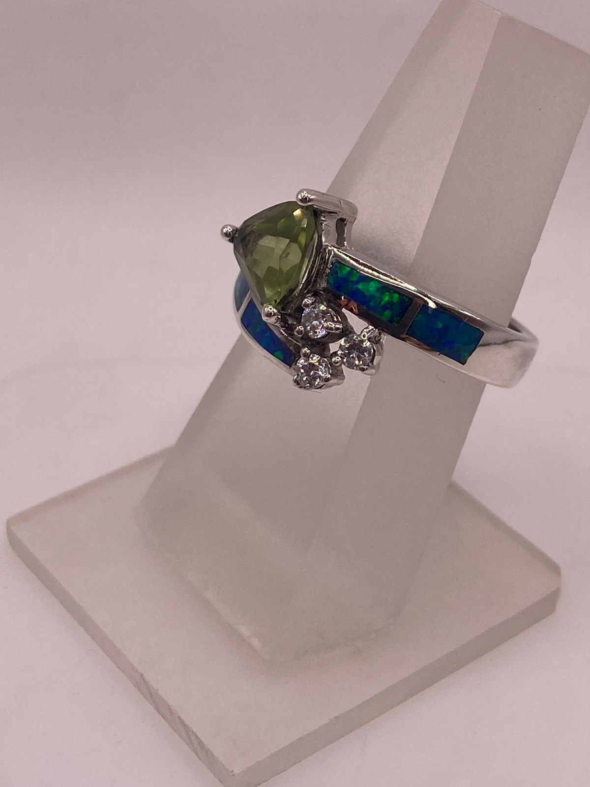 💍 Anillo Ópalo Azul & Zirconia Peridoto, Diamantes Plata 925