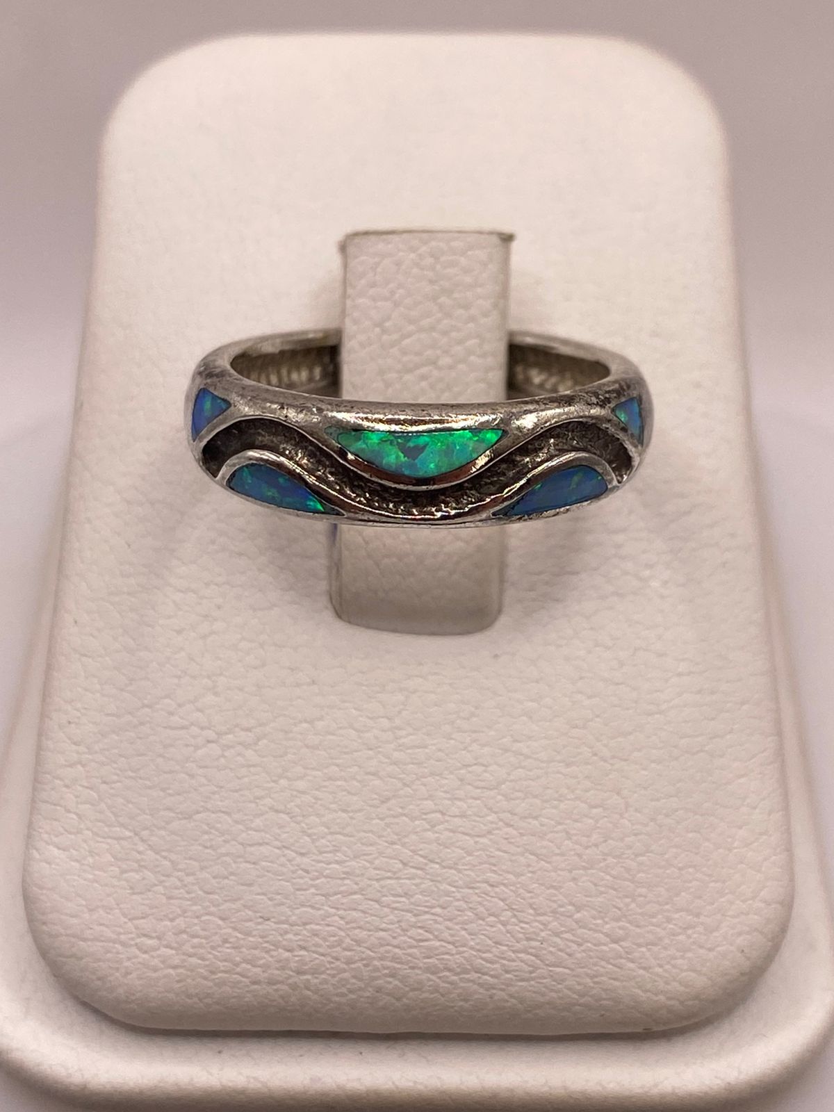 Anillo Ópalo de Fuego Azul & Verde Diseño Ondas Plata Ley 950